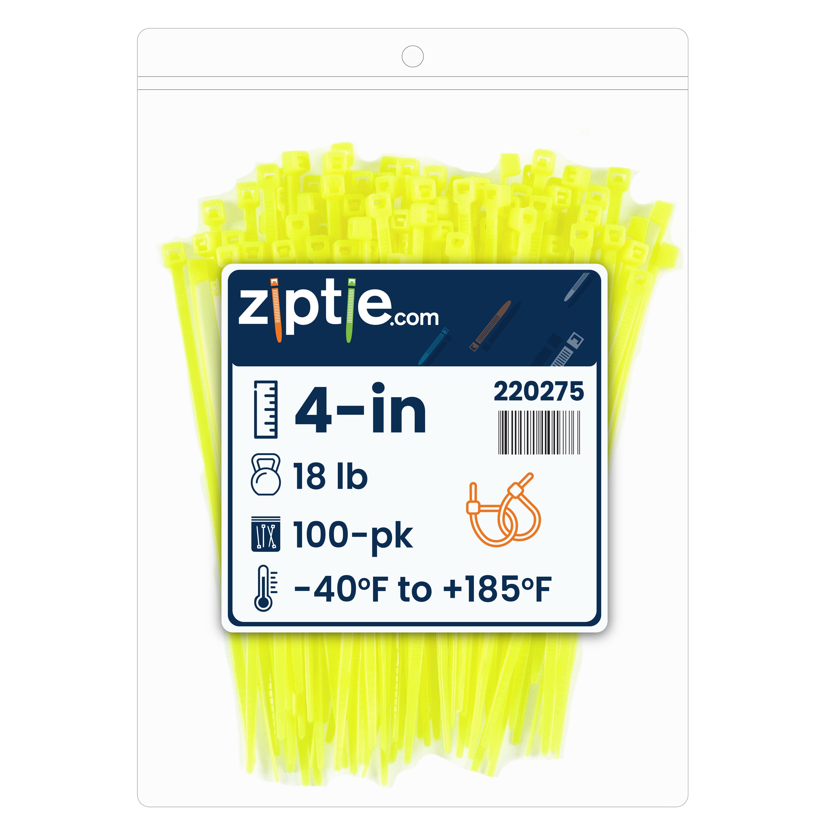 4-inch Fluorescent Yellow Multi-Purpose Zip Tie, 18-lb Tensile Strength, UL 21 Listed, 100-Pack