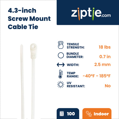 4.3-inch Natural Screw Mount Zip Tie, 18-lb Tensile Strength, 100-Pack