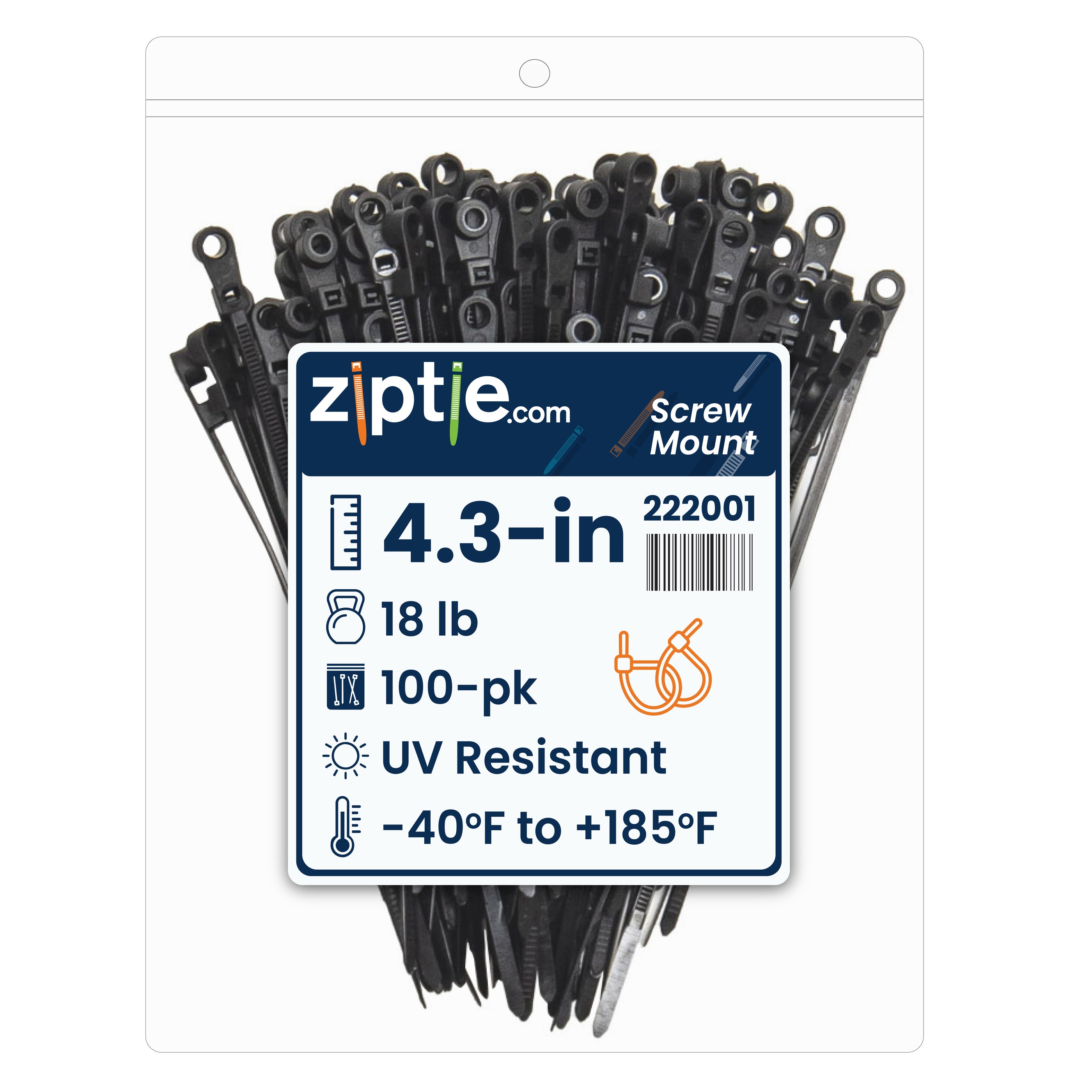 4.3-inch UV Resistant Black Screw Mount Zip Tie, 18-lb Tensile Strength, 100-Pack
