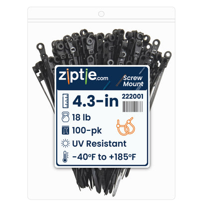 4.3-inch UV Resistant Black Screw Mount Zip Tie, 18-lb Tensile Strength, 100-Pack