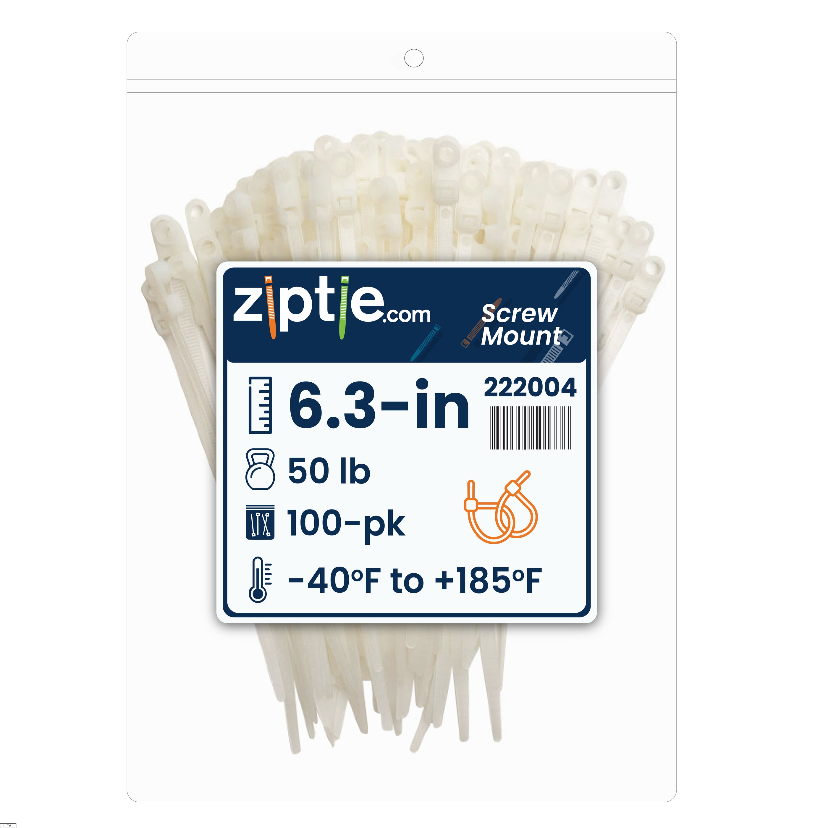6.3-inch Natural Screw Mount Zip Tie, 50-lb Tensile Strength, UL 21 Listed, 100-Pack
