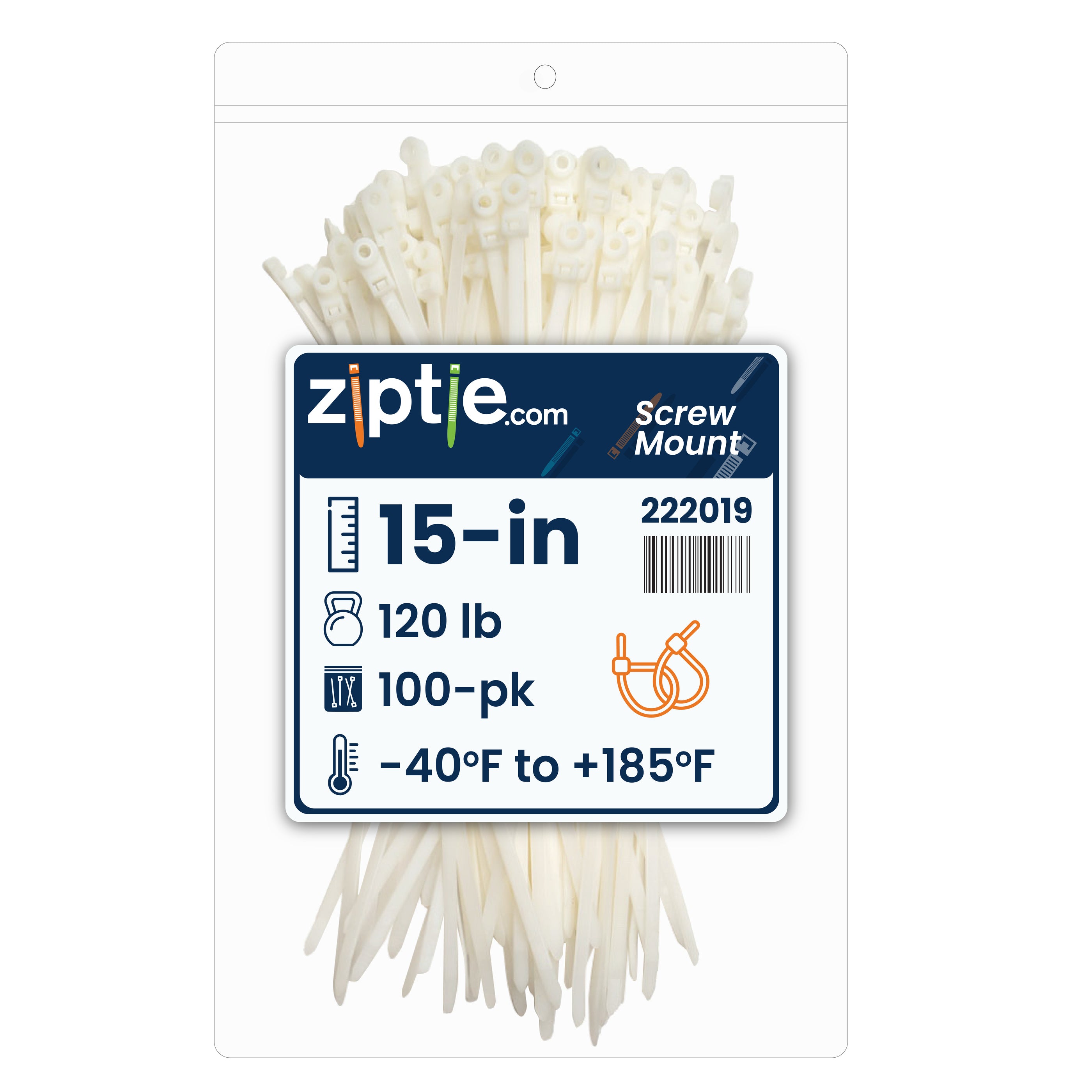 15-inch Natural Screw Mount Zip Tie, 120-lb Tensile Strength, UL