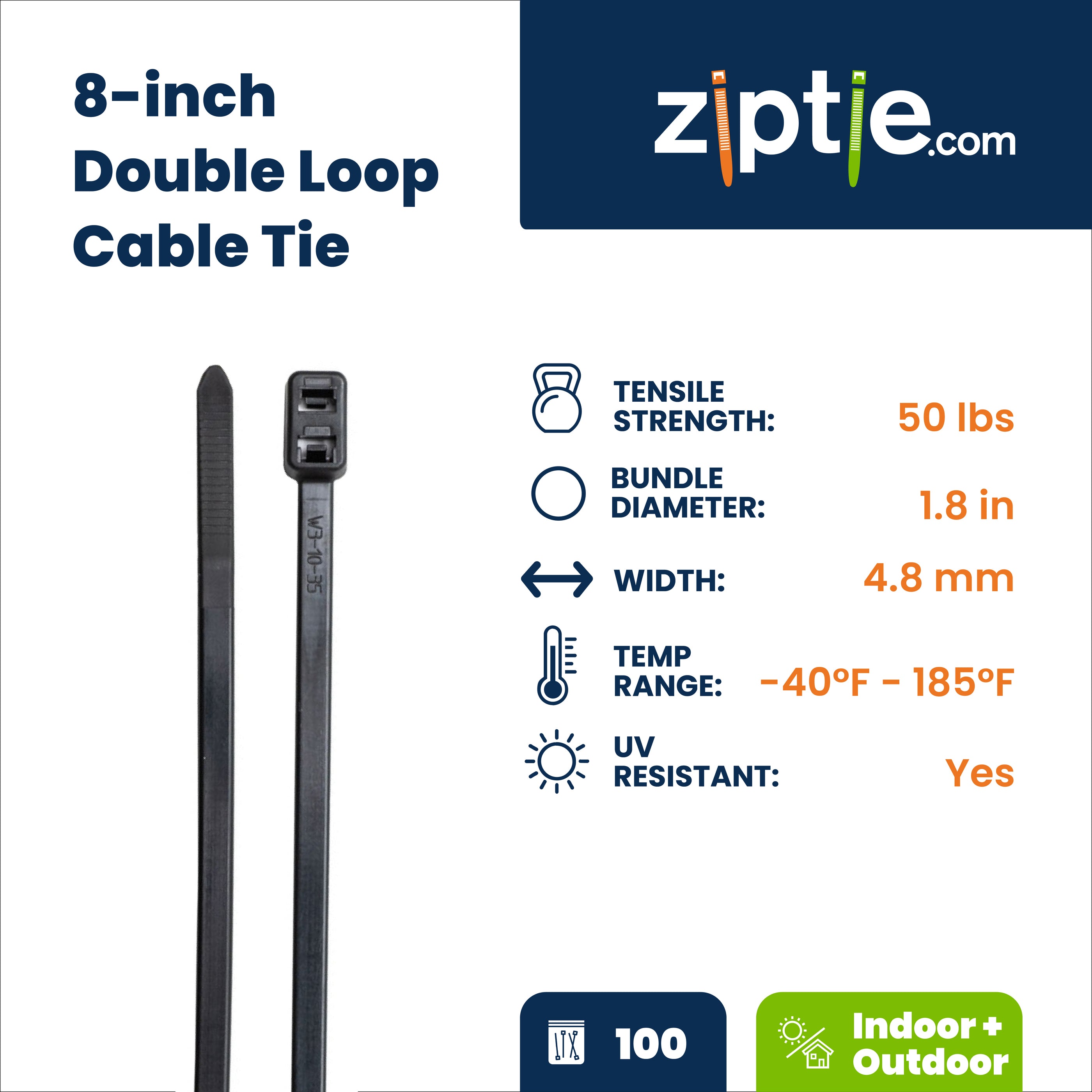 8-inch UV Resistant Black Double Loop Zip Tie, 50-lb Tensile Strength, 100-Pack