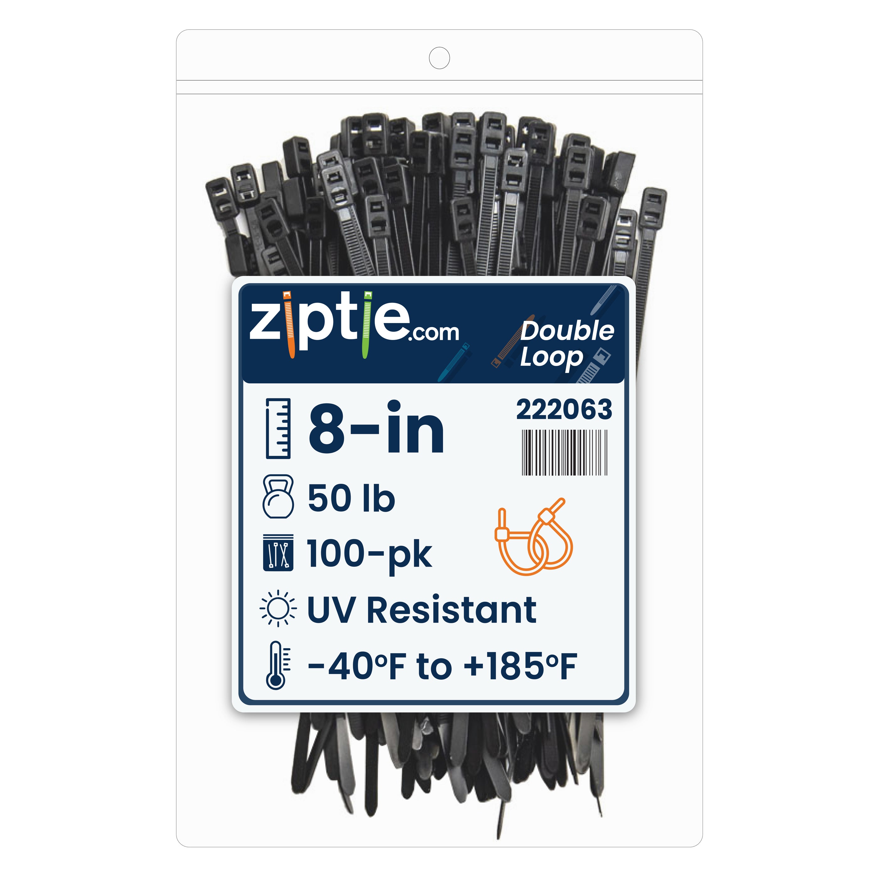 8-inch UV Resistant Black Double Loop Zip Tie, 50-lb Tensile Strength, 100-Pack