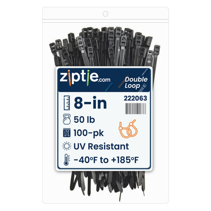 8-inch UV Resistant Black Double Loop Zip Tie, 50-lb Tensile Strength, 100-Pack