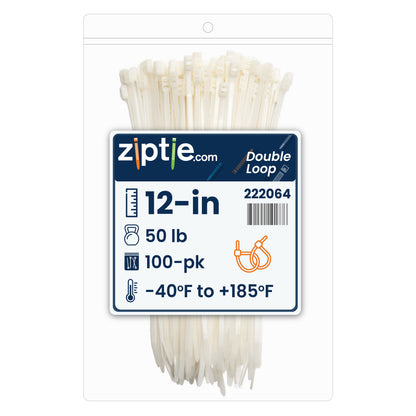 12-inch Natural Double Loop Zip Tie, 50-lb Tensile Strength, 100-Pack