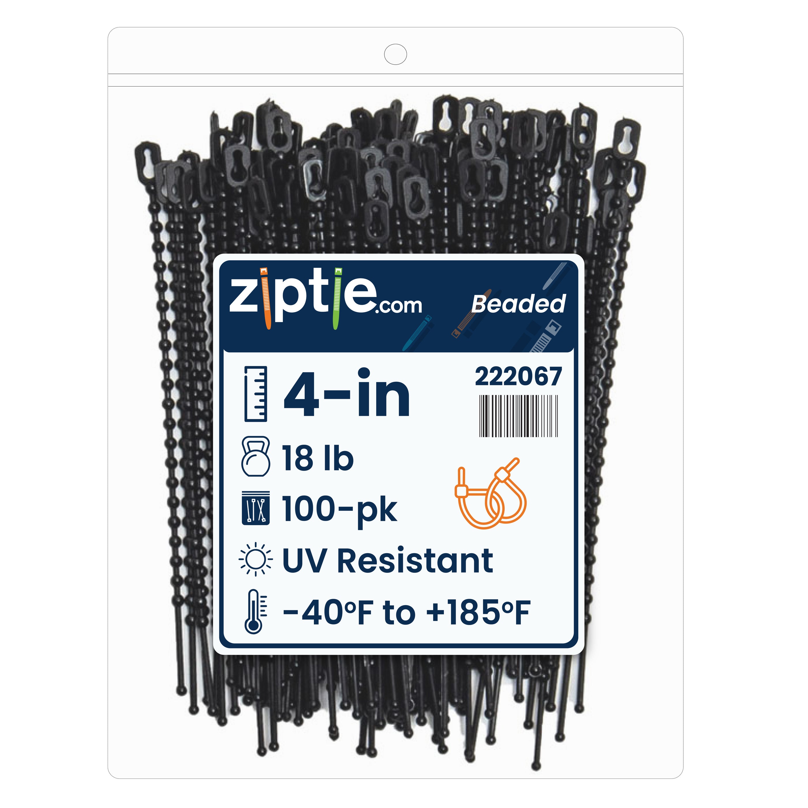4-inch UV Resistant Black Beaded Zip Tie, 18-lb Tensile Strength, 100-Pack