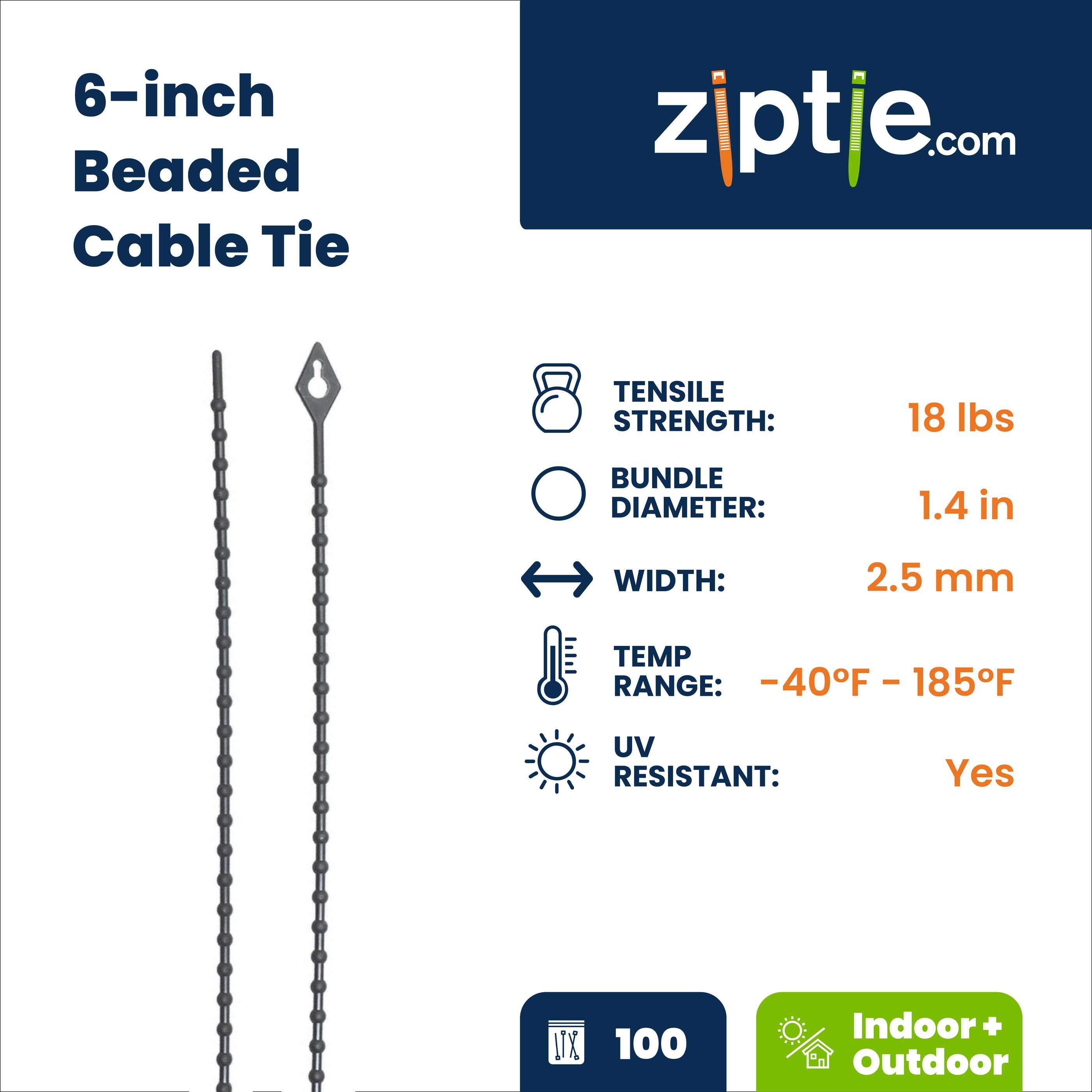 6-inch UV Resistant Black Beaded Zip Tie, 18-lb Tensile Strength, 100-Pack