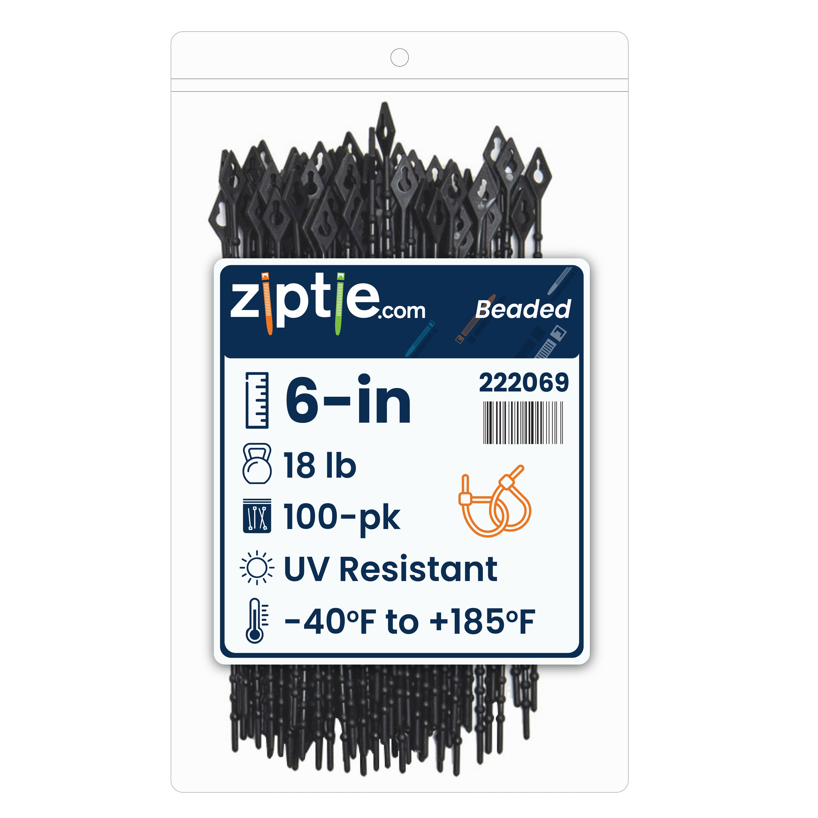 6-inch UV Resistant Black Beaded Zip Tie, 18-lb Tensile Strength, 100-Pack