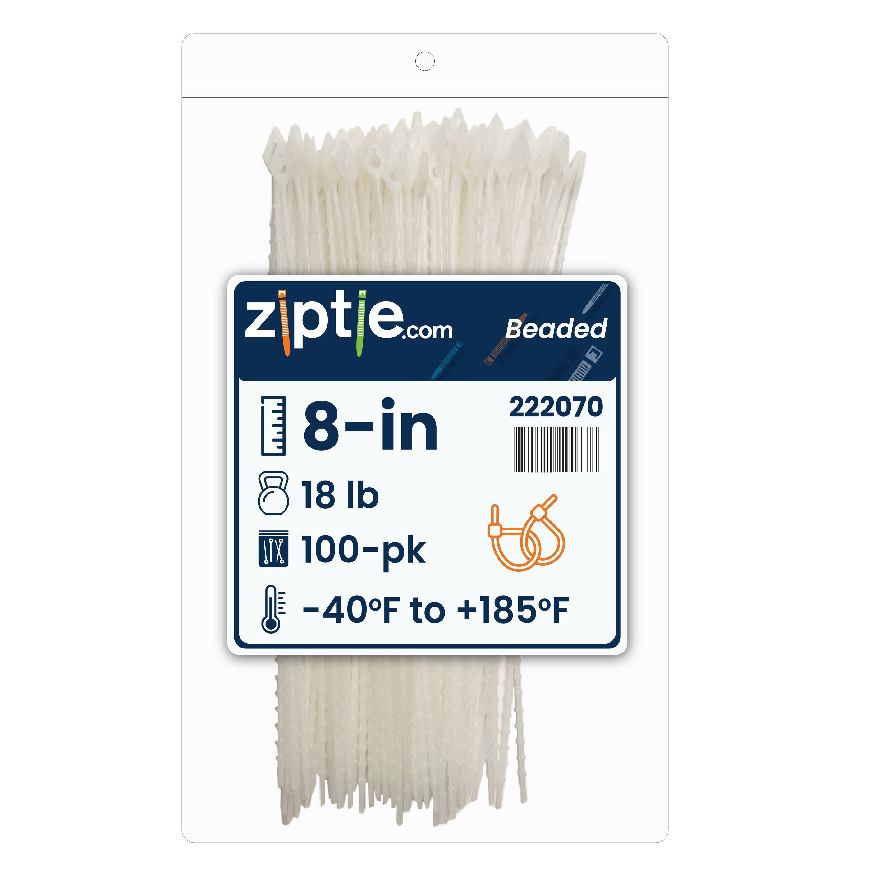 8-inch Natural Beaded Zip Tie, 18-lb Tensile Strength, 100-Pack