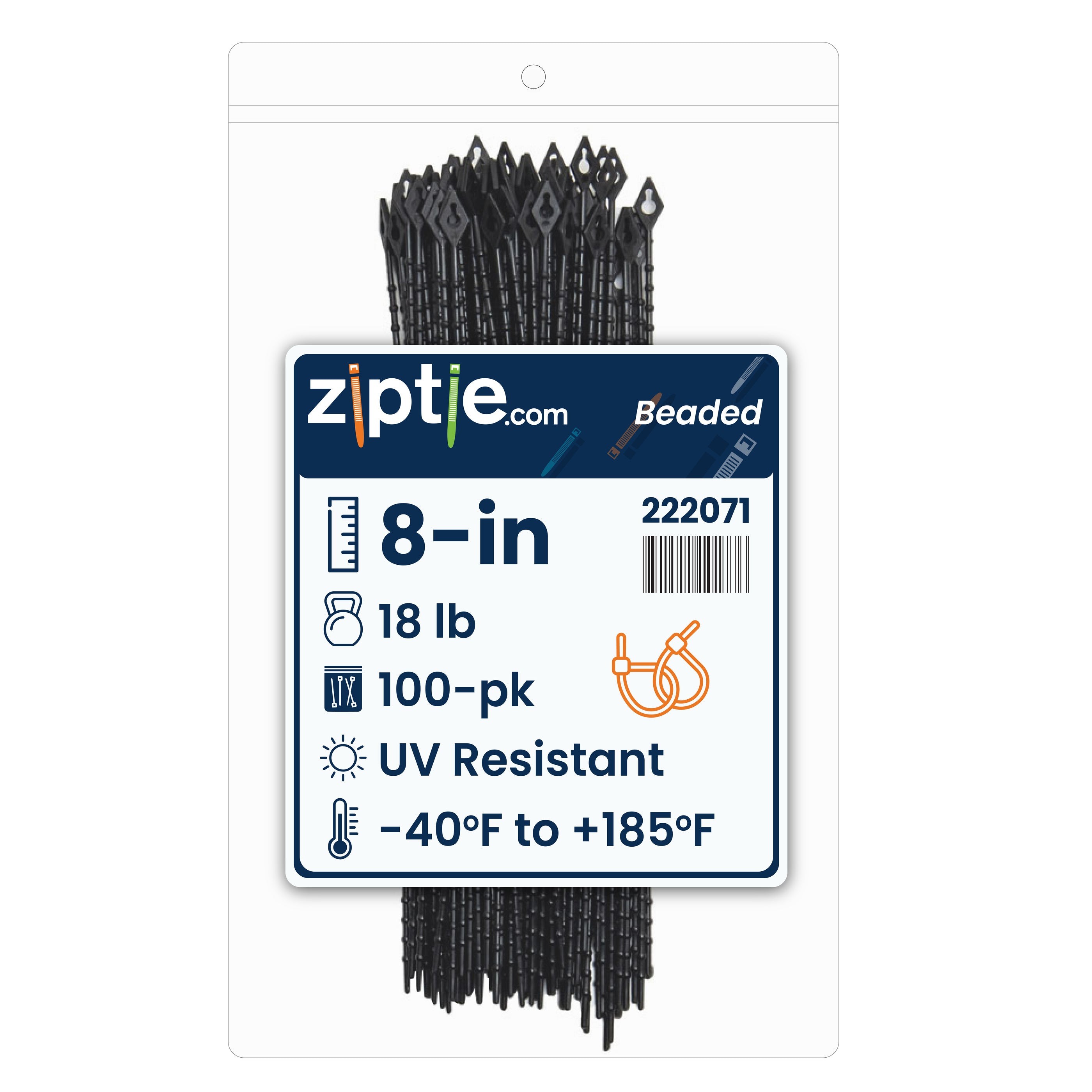8-inch UV Resistant Black Beaded Zip Tie, 18-lb Tensile Strength, 100-Pack