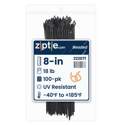 8-inch UV Resistant Black Beaded Zip Tie, 18-lb Tensile Strength, 100-Pack