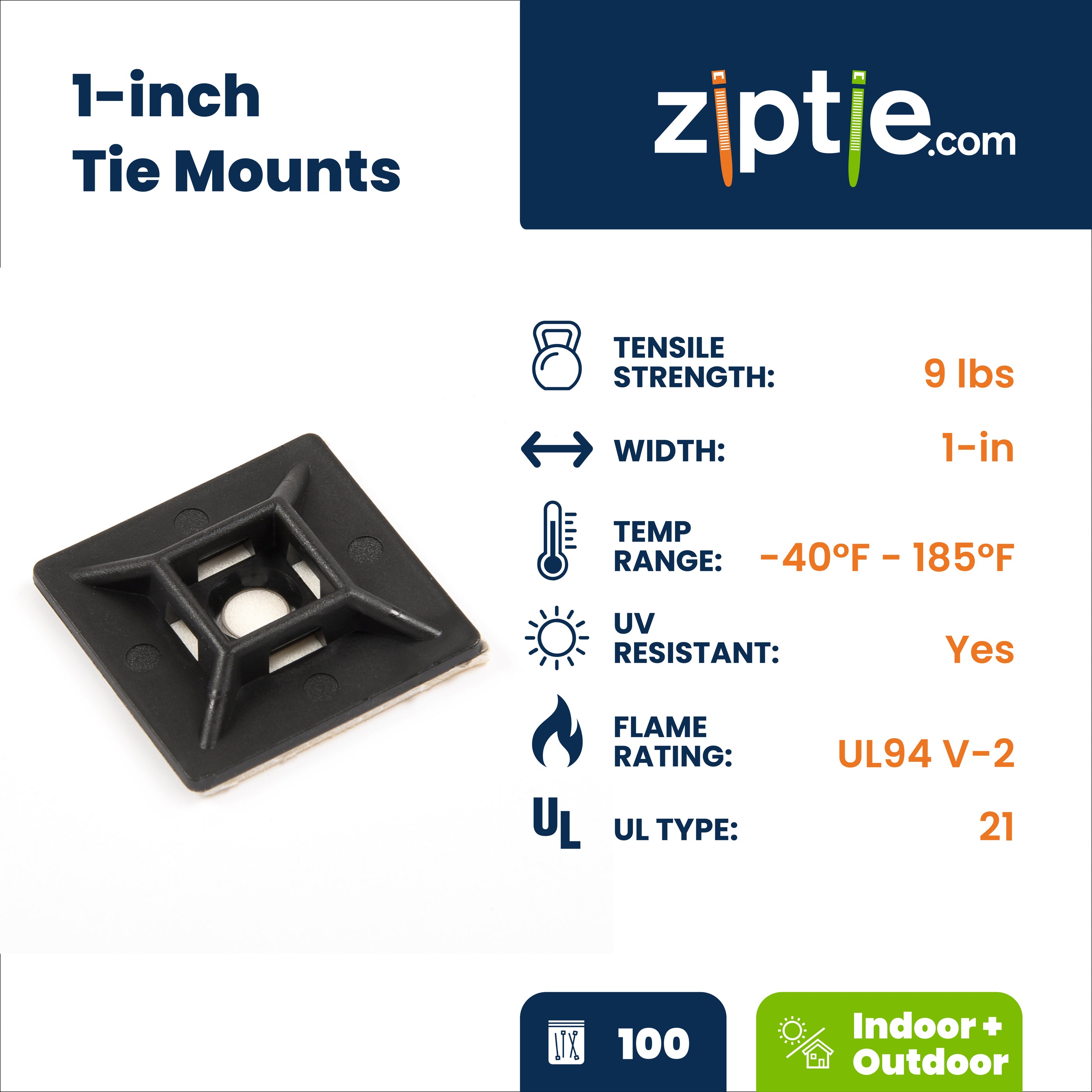 1-inch UV Resistant Black Zip Tie Mount, UL 21 Listed, 100-Pack