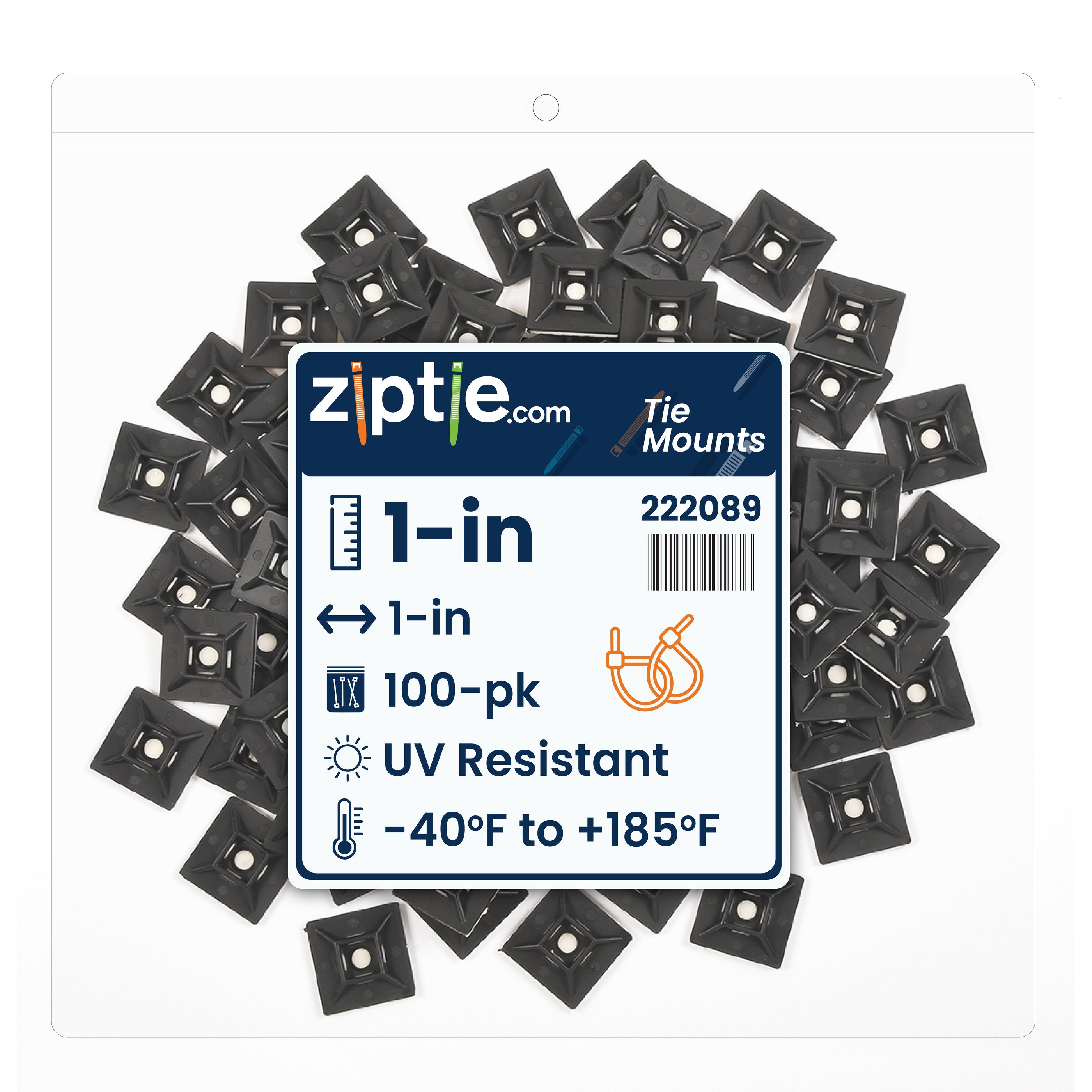 つねカートリッジ 1-inch UV Resistant Black Zip Tie Mount, UL 21 Listed, 100-Pack