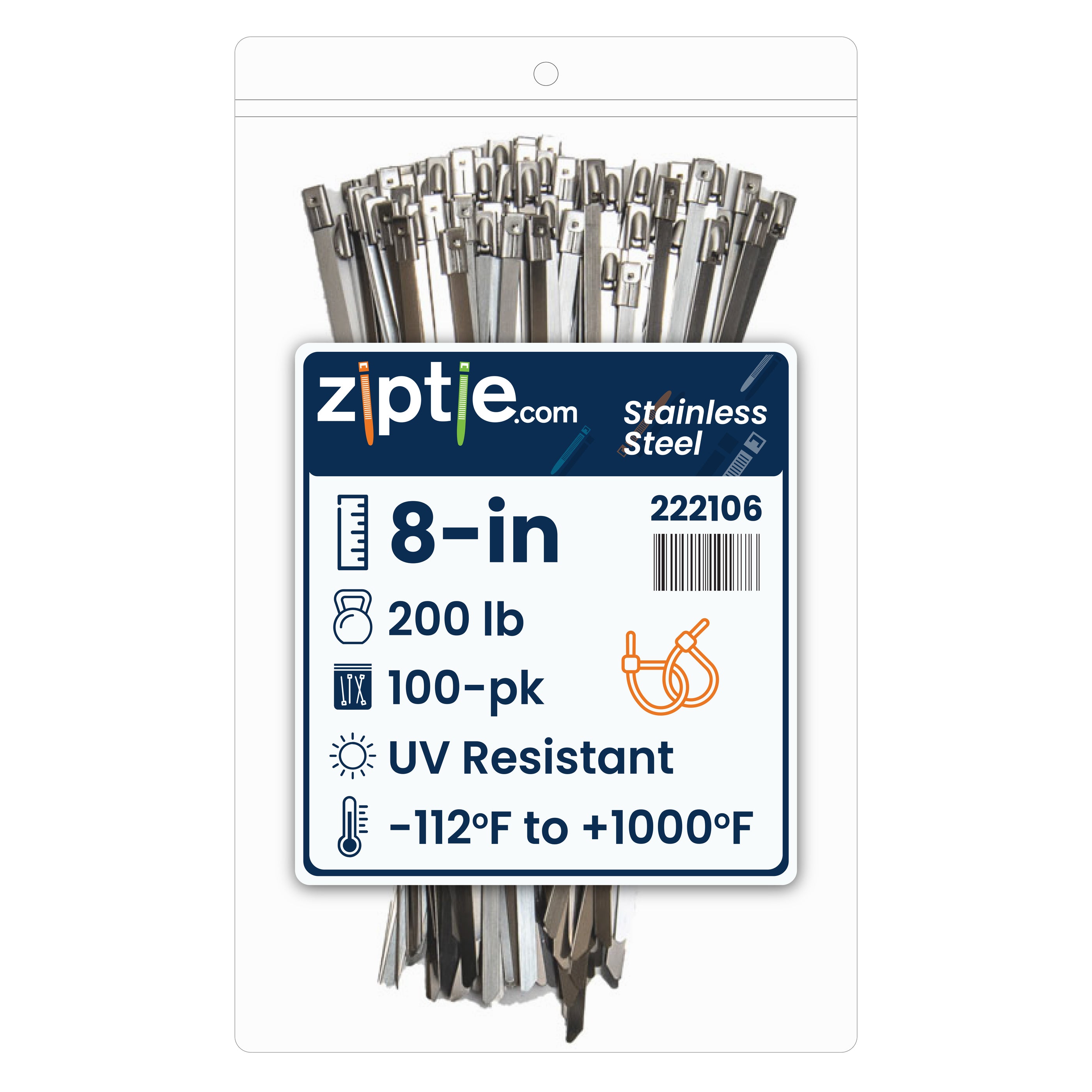 8-inch UV Resistant Stainless Steel Zip Tie, 200-lb Tensile