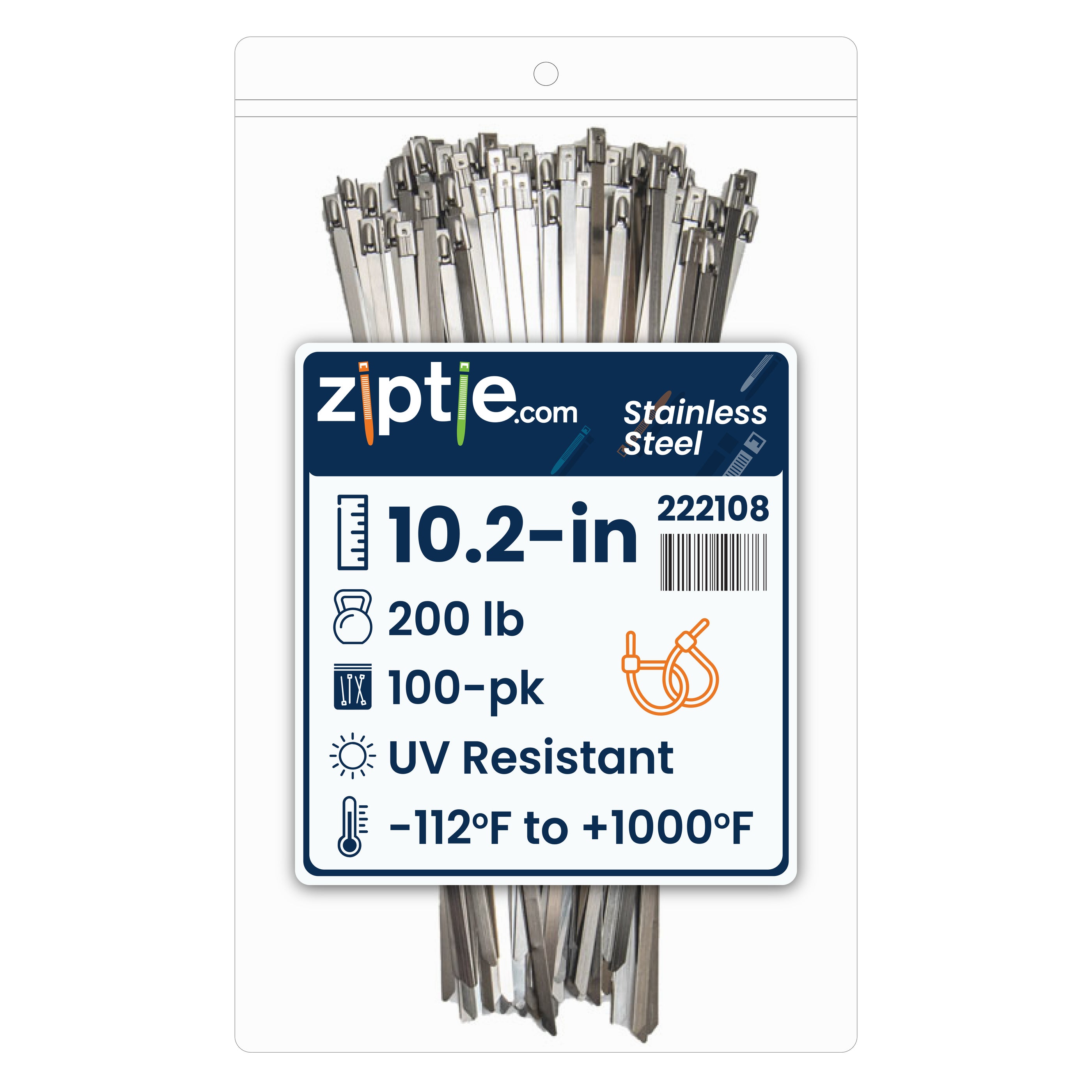 10.2-inch UV Resistant Stainless Steel Zip Tie, 200-lb Tensile
