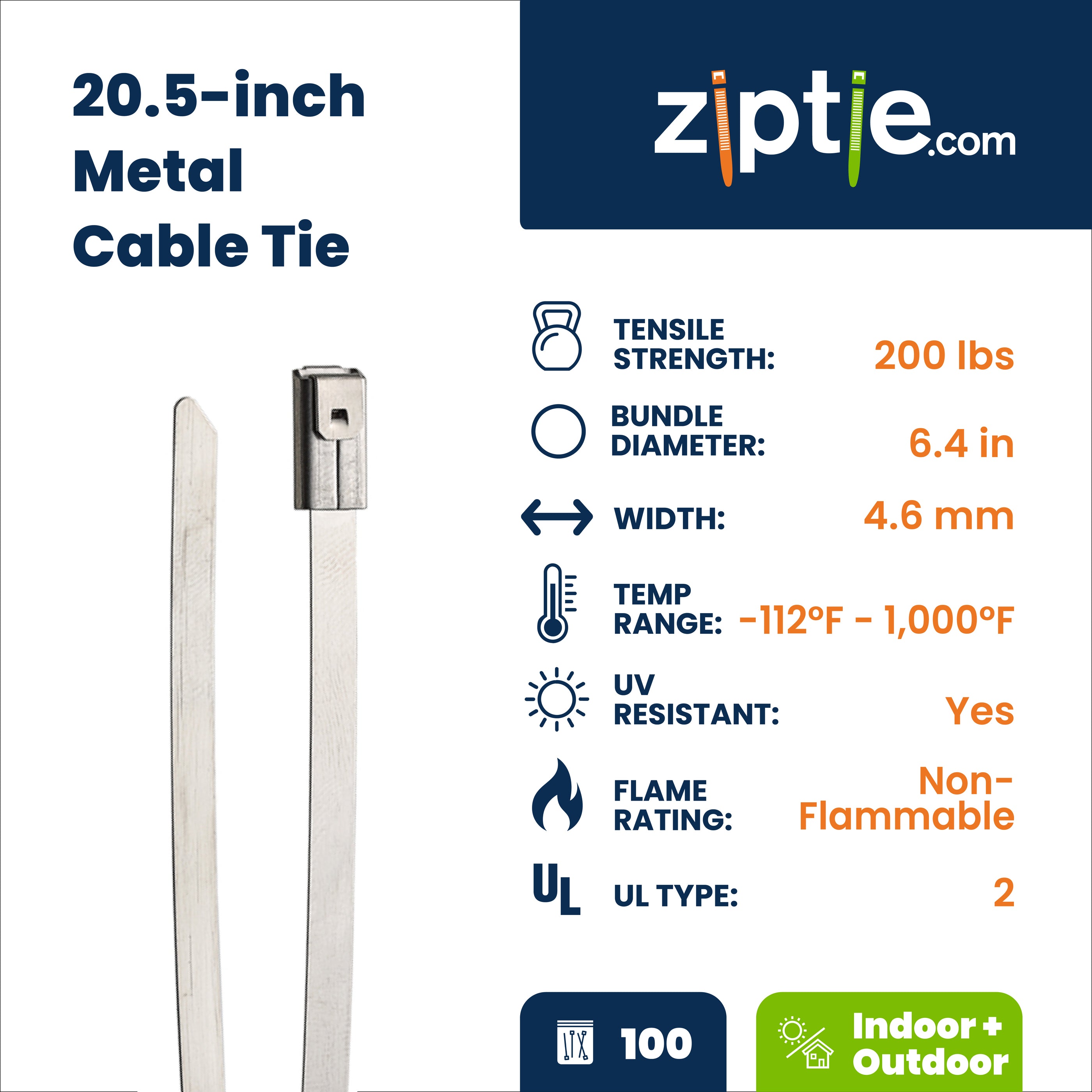 20.5-inch UV Resistant Stainless Steel Zip Tie, 200-lb Tensile Strength, UL 2 Listed, 100-Pack