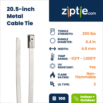 20.5-inch UV Resistant Stainless Steel Zip Tie, 200-lb Tensile Strength, UL 2 Listed, 100-Pack