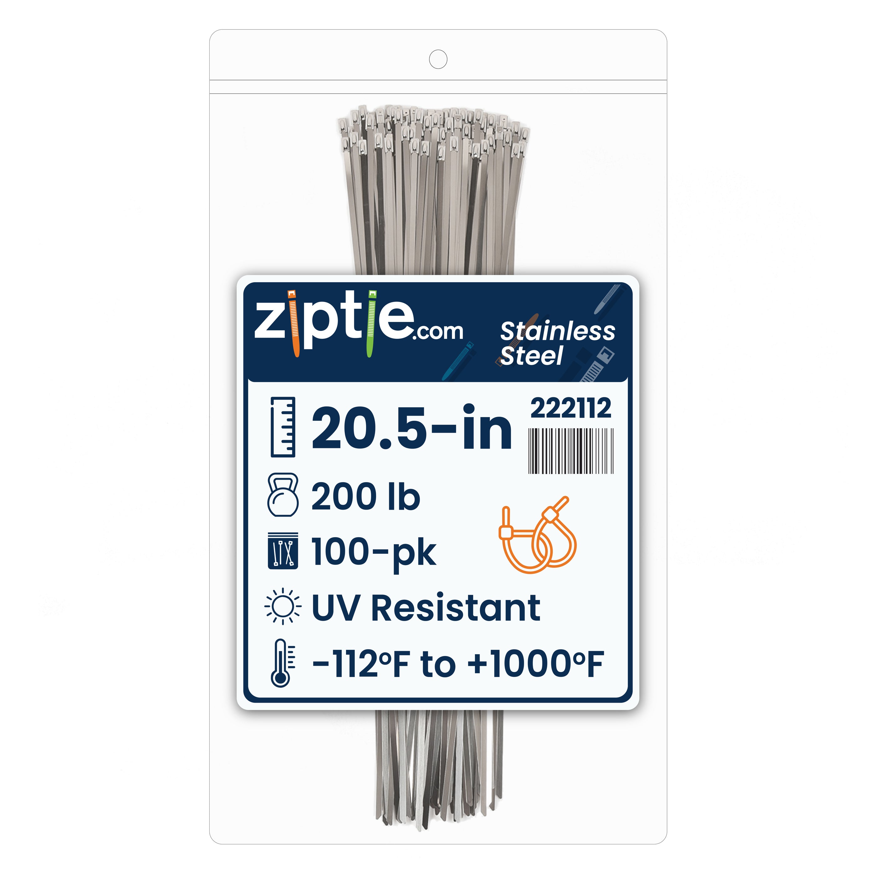 20.5-inch UV Resistant Stainless Steel Zip Tie, 200-lb Tensile Strength, UL 2 Listed, 100-Pack