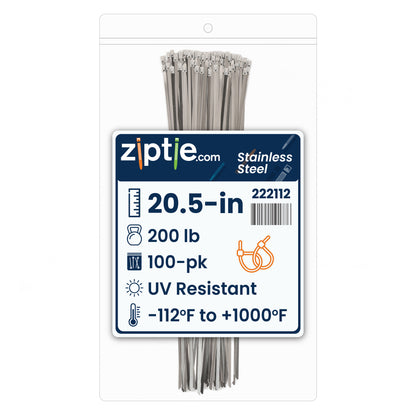 20.5-inch UV Resistant Stainless Steel Zip Tie, 200-lb Tensile Strength, UL 2 Listed, 100-Pack