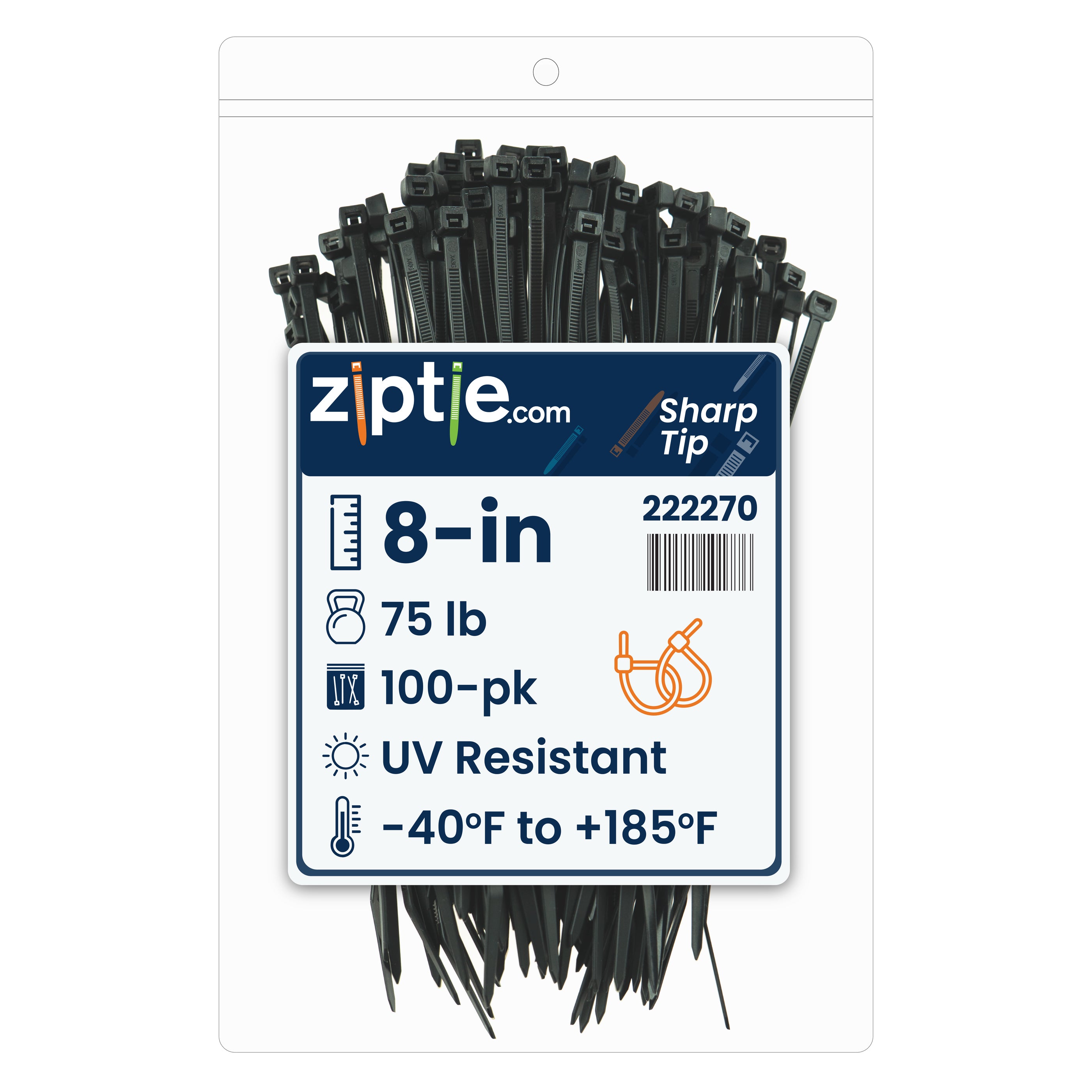 8-inch UV Resistant Black Sharp Tip Zip Tie, 75-lb Tensile Strength, UL 21S Listed, 100-Pack