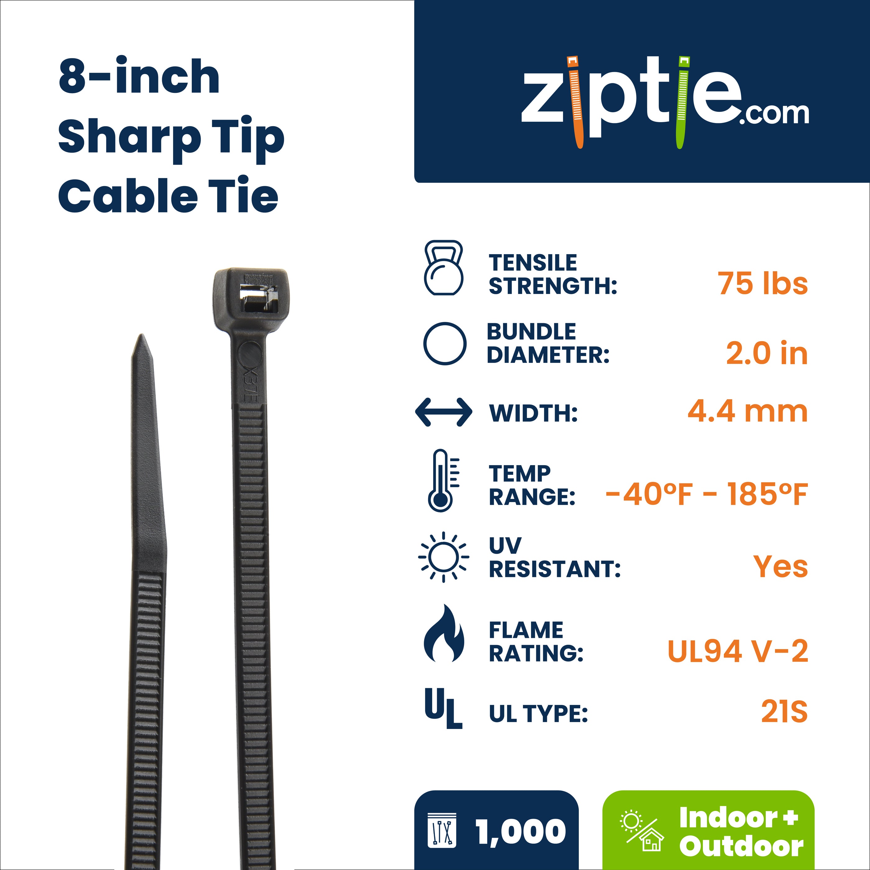 8-inch UV Resistant Black Sharp Tip Zip Tie, 75-lb Tensile Strength, UL 21S Listed, 1,000-Pack