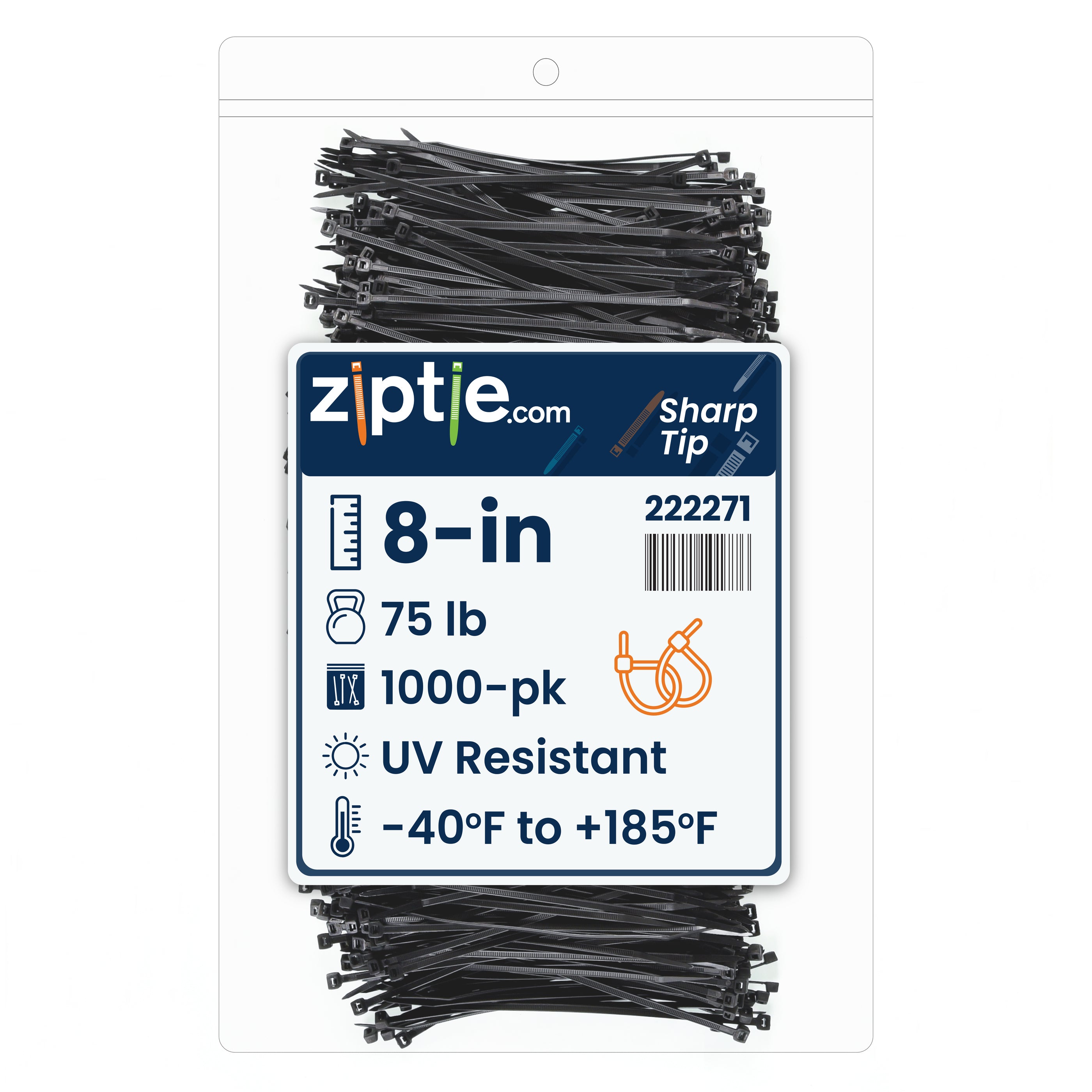 8-inch UV Resistant Black Sharp Tip Zip Tie, 75-lb Tensile Strength, UL 21S Listed, 1,000-Pack