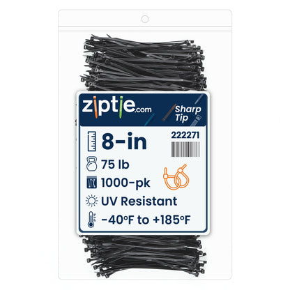 8-inch UV Resistant Black Sharp Tip Zip Tie, 75-lb Tensile Strength, UL 21S Listed, 1,000-Pack
