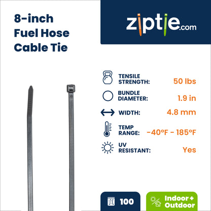 8-inch UV Resistant Black Fuel Hose Zip Tie, 50-lb Tensile Strength, 100-Pack