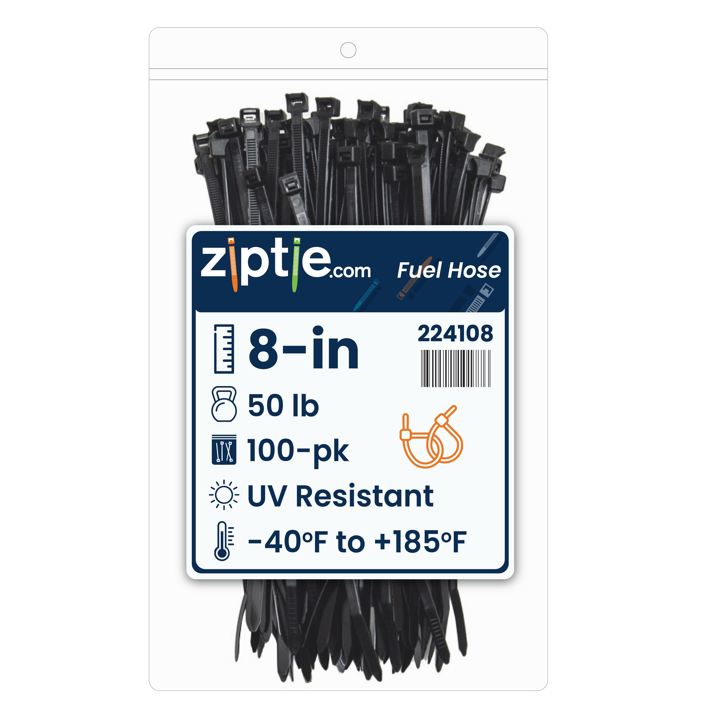 8-inch UV Resistant Black Fuel Hose Zip Tie, 50-lb Tensile Strength, 100-Pack