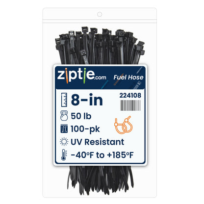 8-inch UV Resistant Black Fuel Hose Zip Tie, 50-lb Tensile Strength, 100-Pack
