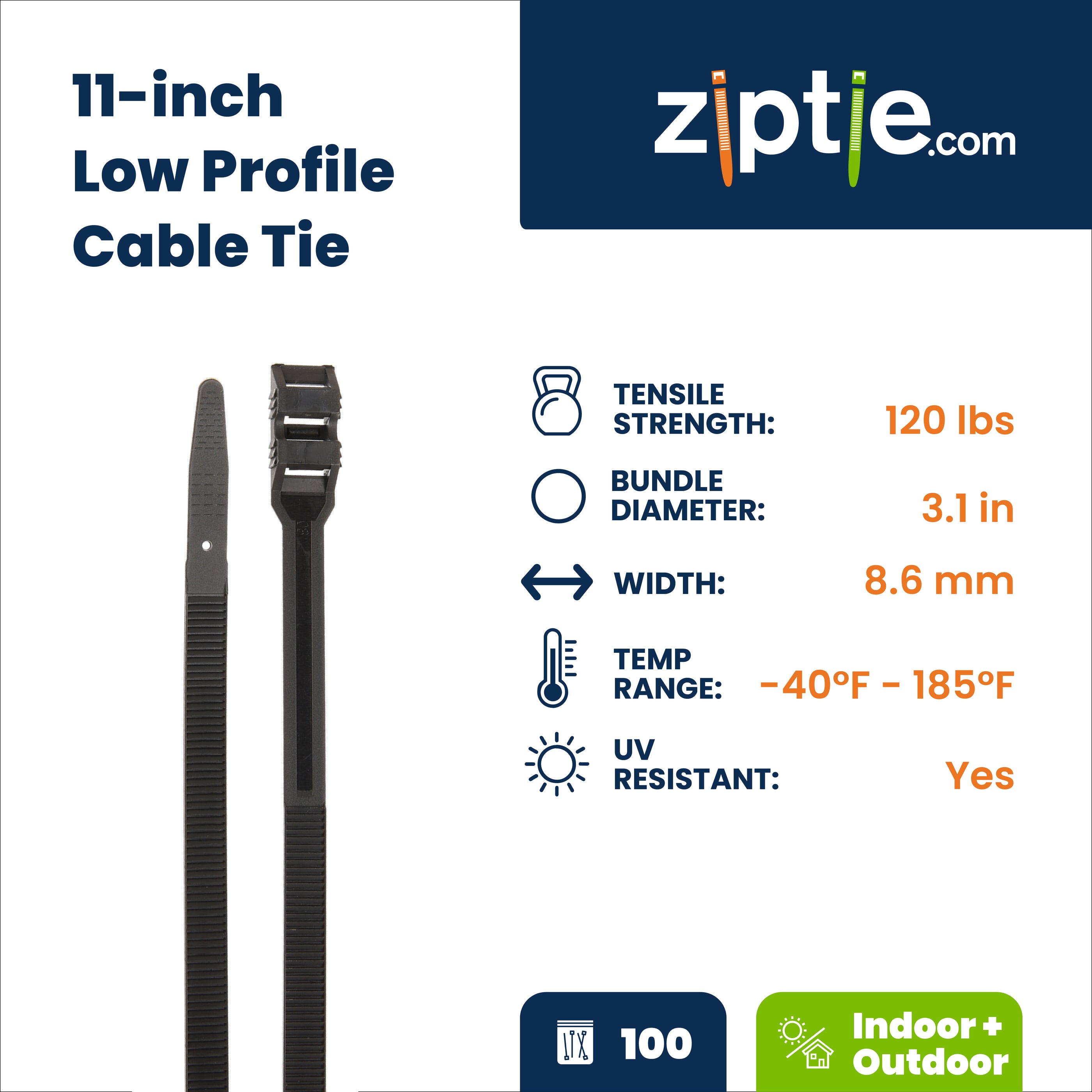 11-inch UV Resistant Black Low Profile Zip Tie, 120-lb Tensile Strength, 100-Pack