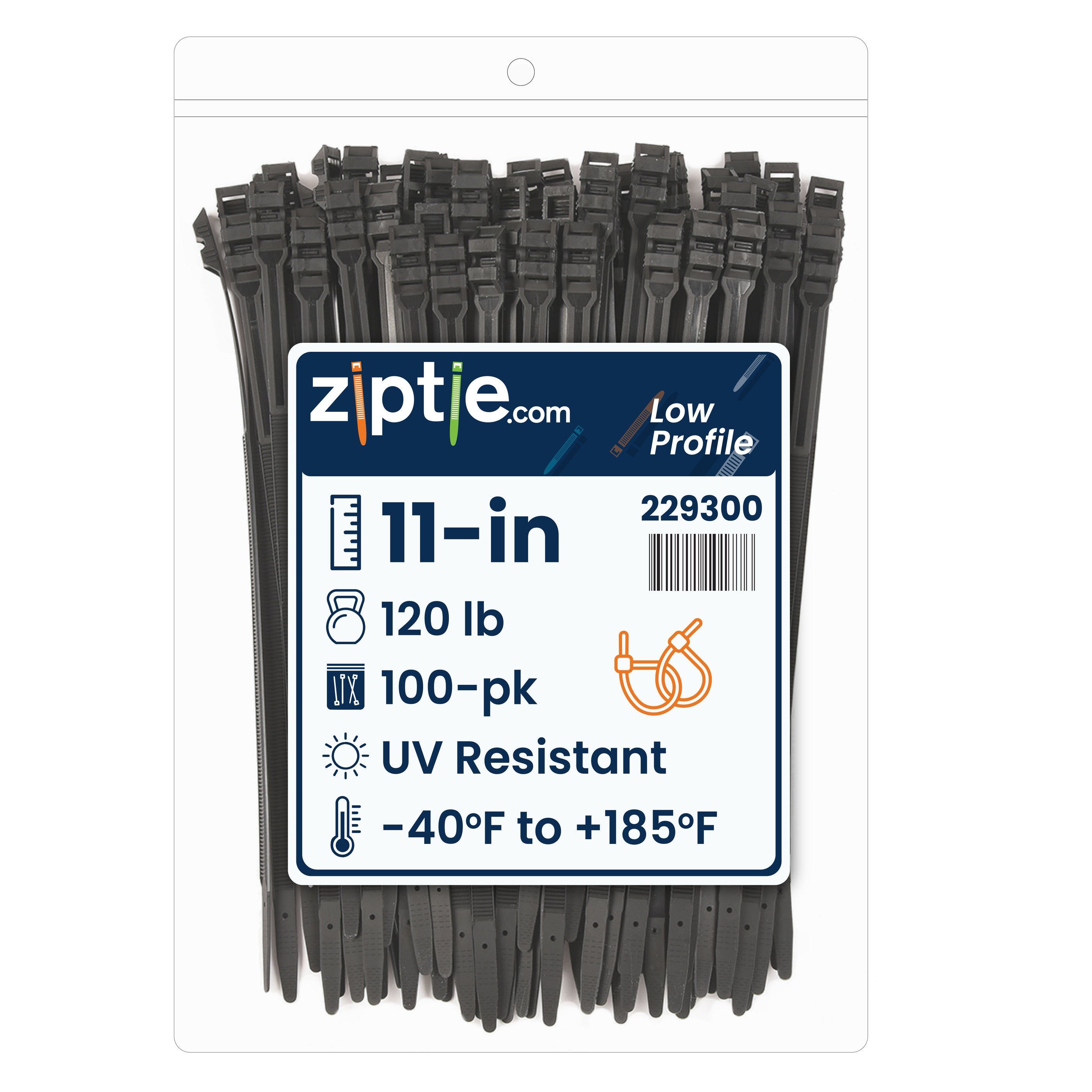 11-inch UV Resistant Black Low Profile Zip Tie, 120-lb Tensile Strength, 100-Pack