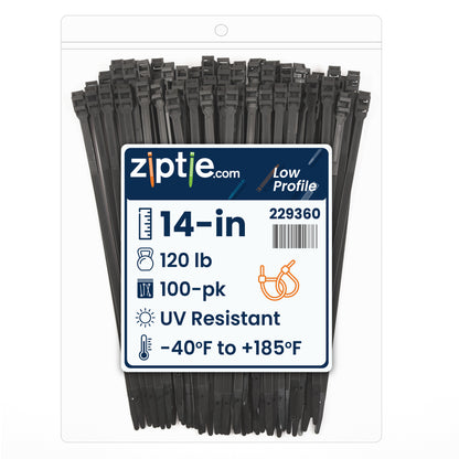 14-inch UV Resistant Black Low Profile Zip Tie, 120-lb Tensile Strength, 100-Pack