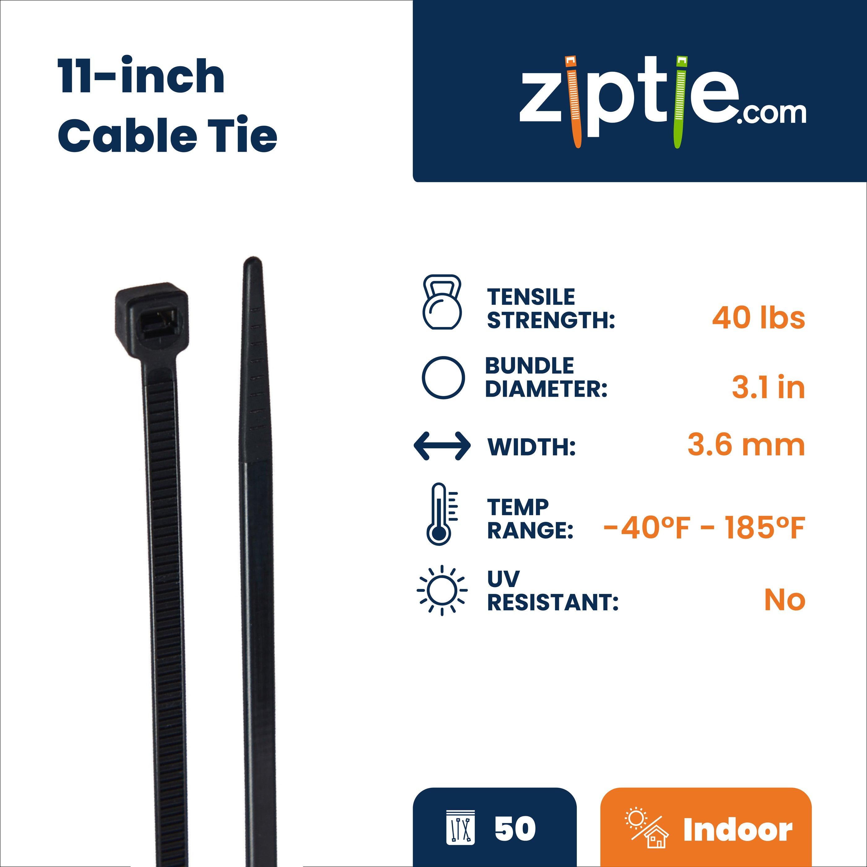 11-inch Black Multi-Purpose Zip Tie, 40-lb Tensile Strength, 50