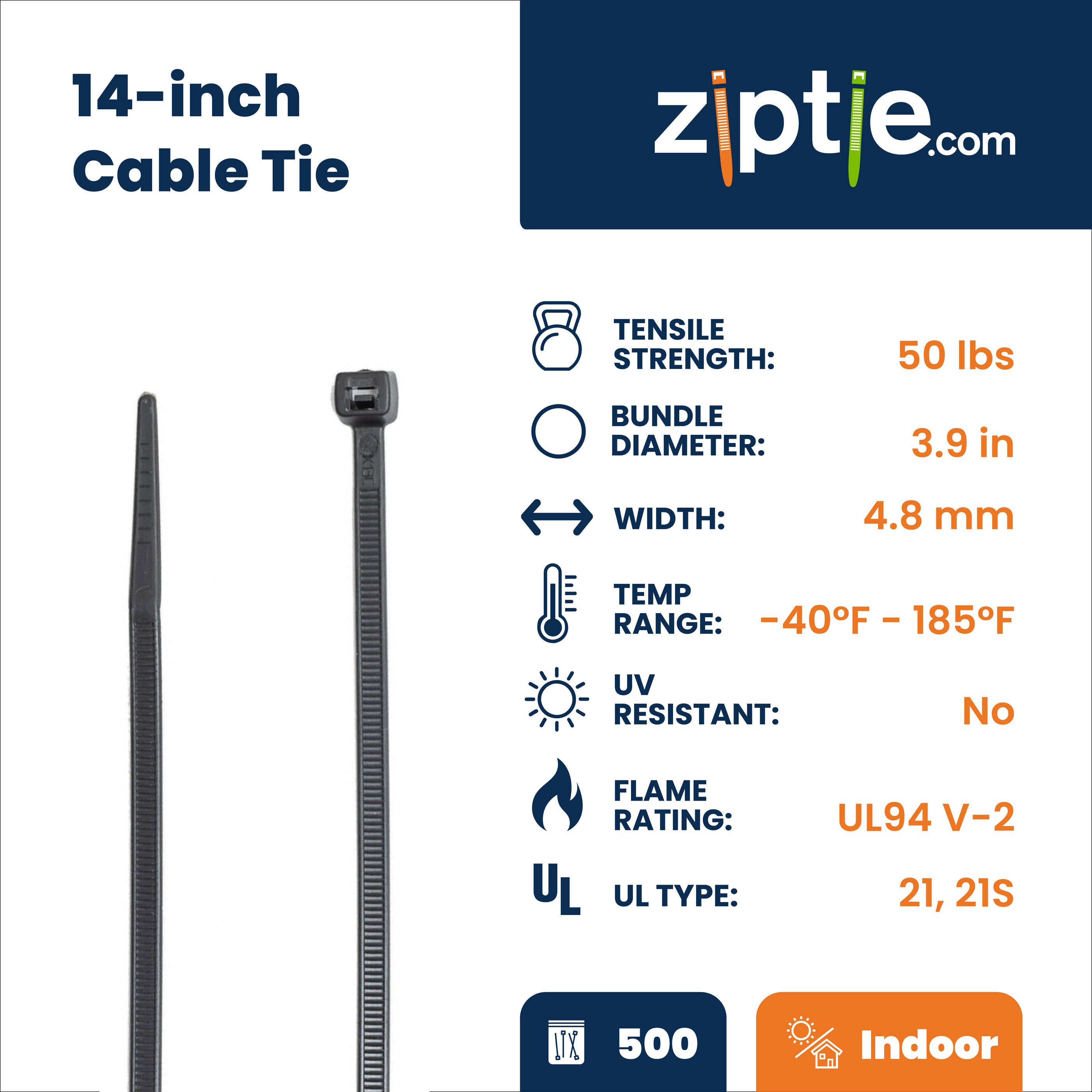 14-inch Black Multi-Purpose Zip Tie, 50-lb Tensile Strength, UL 21S Listed, 500-Pack
