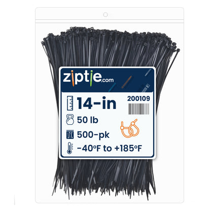 14-inch Black Multi-Purpose Zip Tie, 50-lb Tensile Strength, UL 21S Listed, 500-Pack