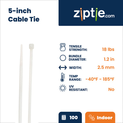 5-inch Natural Multi-Purpose Zip Tie, 18-lb Tensile Strength, 100-Pack