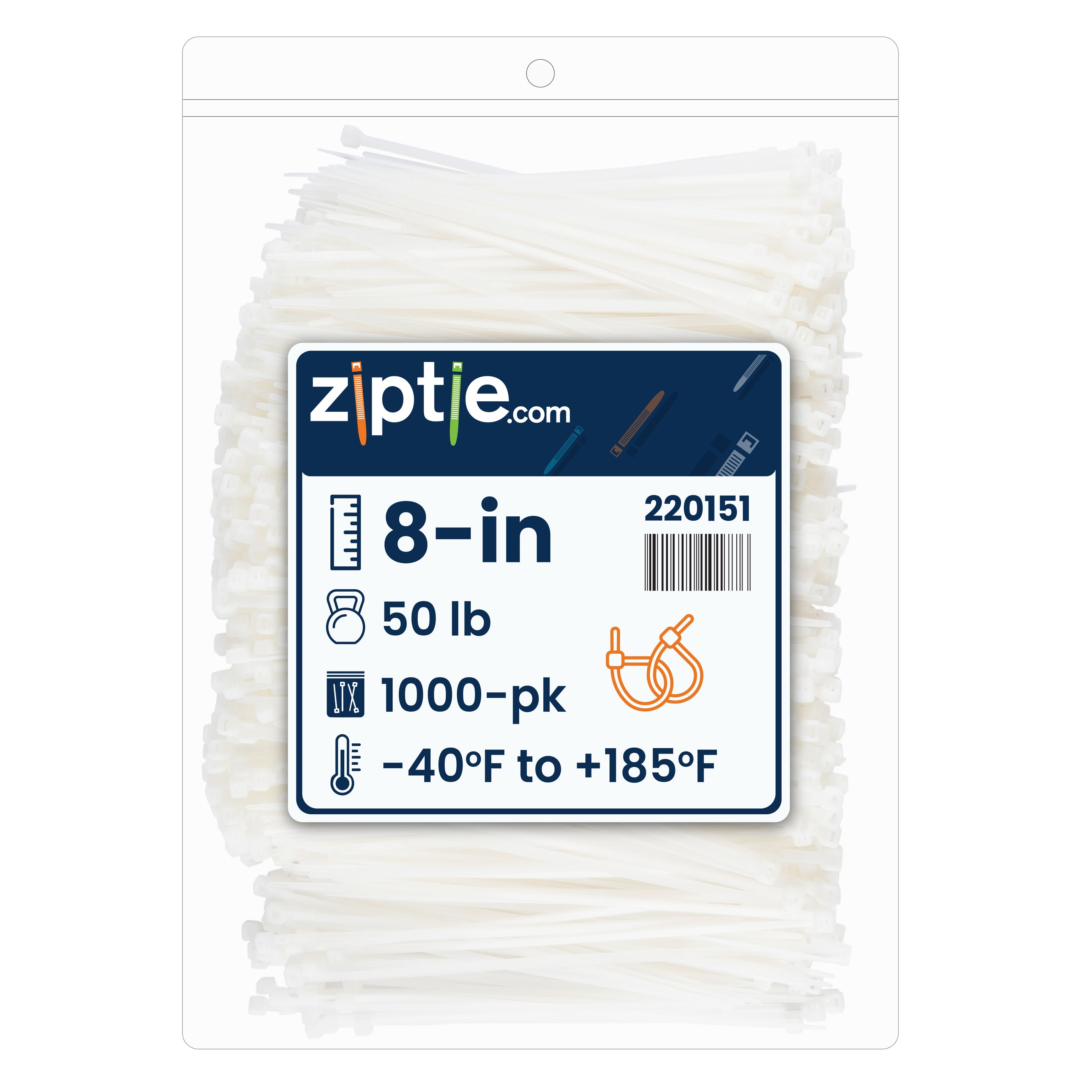 8-inch Natural Multi-Purpose Zip Tie, 50-lb Tensile Strength, UL 21S Listed, 1,000-Pack