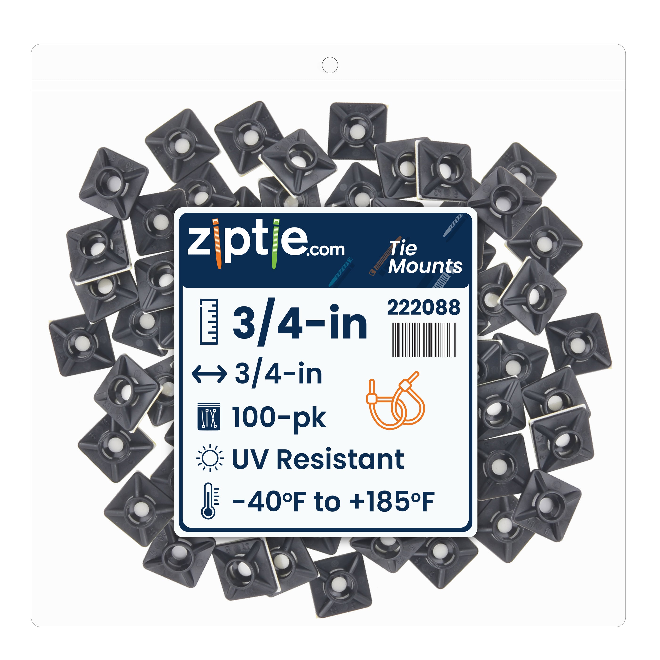3/4-inch UV Resistant Black Zip Tie Mount, UL 21 Listed, 100-Pack
