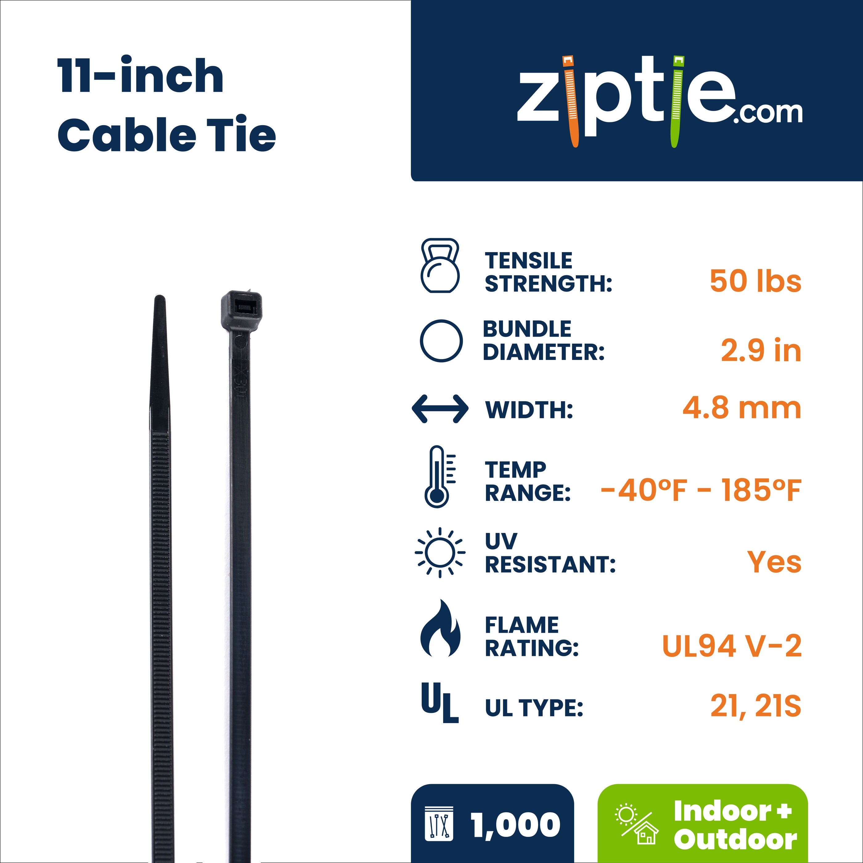 11-inch UV Resistant Black Multi-Purpose Zip Tie, 50-lb Tensile Strength, UL 21S Listed, 1,000-Pack