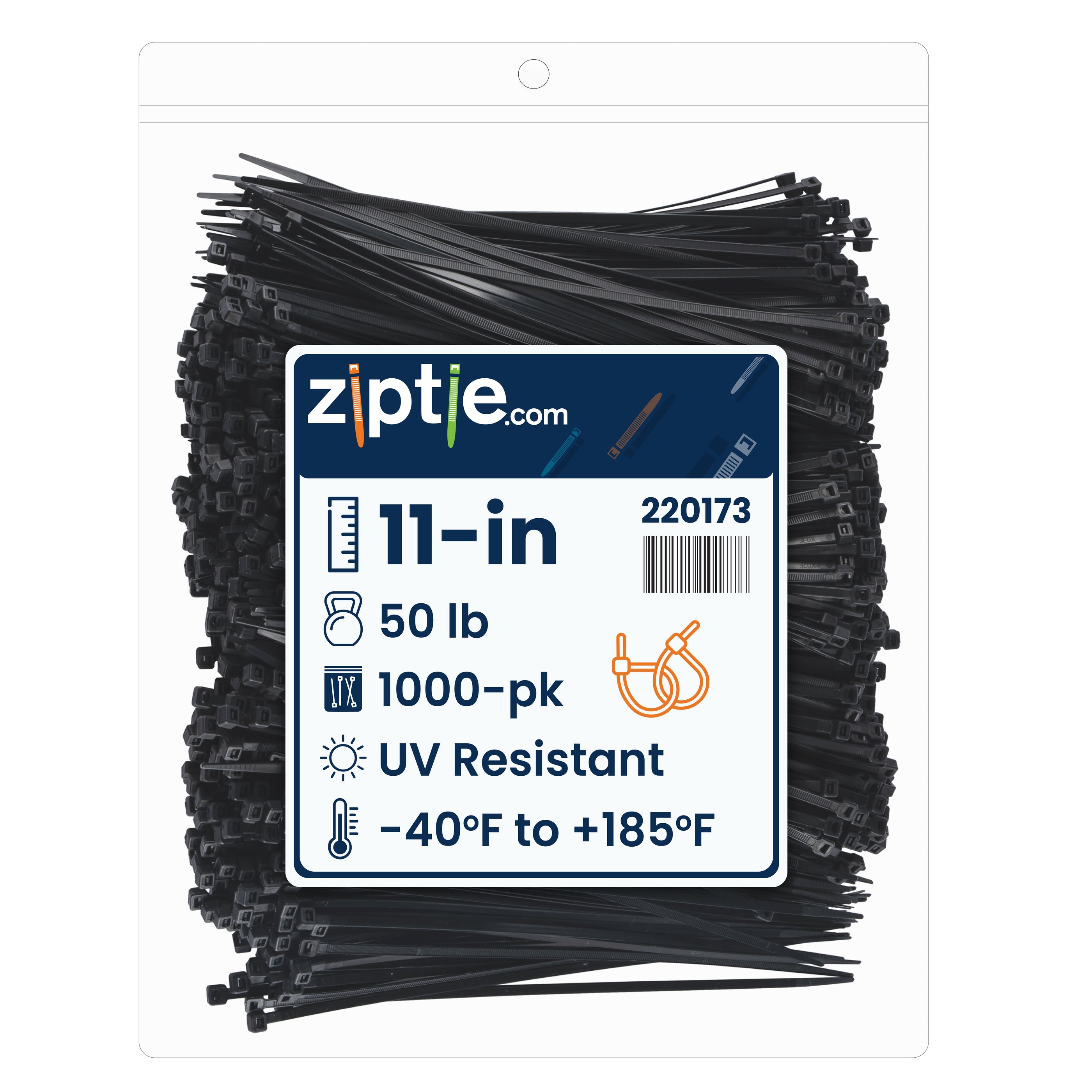 11-inch UV Resistant Black Multi-Purpose Zip Tie, 50-lb Tensile Strength, UL 21S Listed, 1,000-Pack