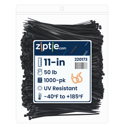 11-inch UV Resistant Black Multi-Purpose Zip Tie, 50-lb Tensile Strength, UL 21S Listed, 1,000-Pack
