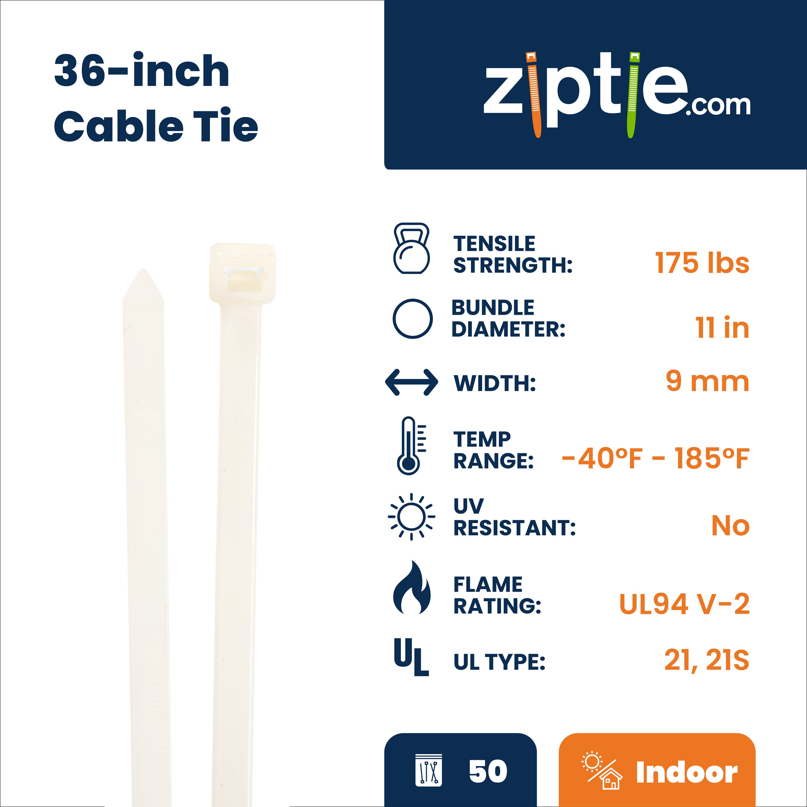 36-inch Natural Multi-Purpose Zip Tie, 175-lb Tensile Strength, UL 21S Listed, 50-Pack