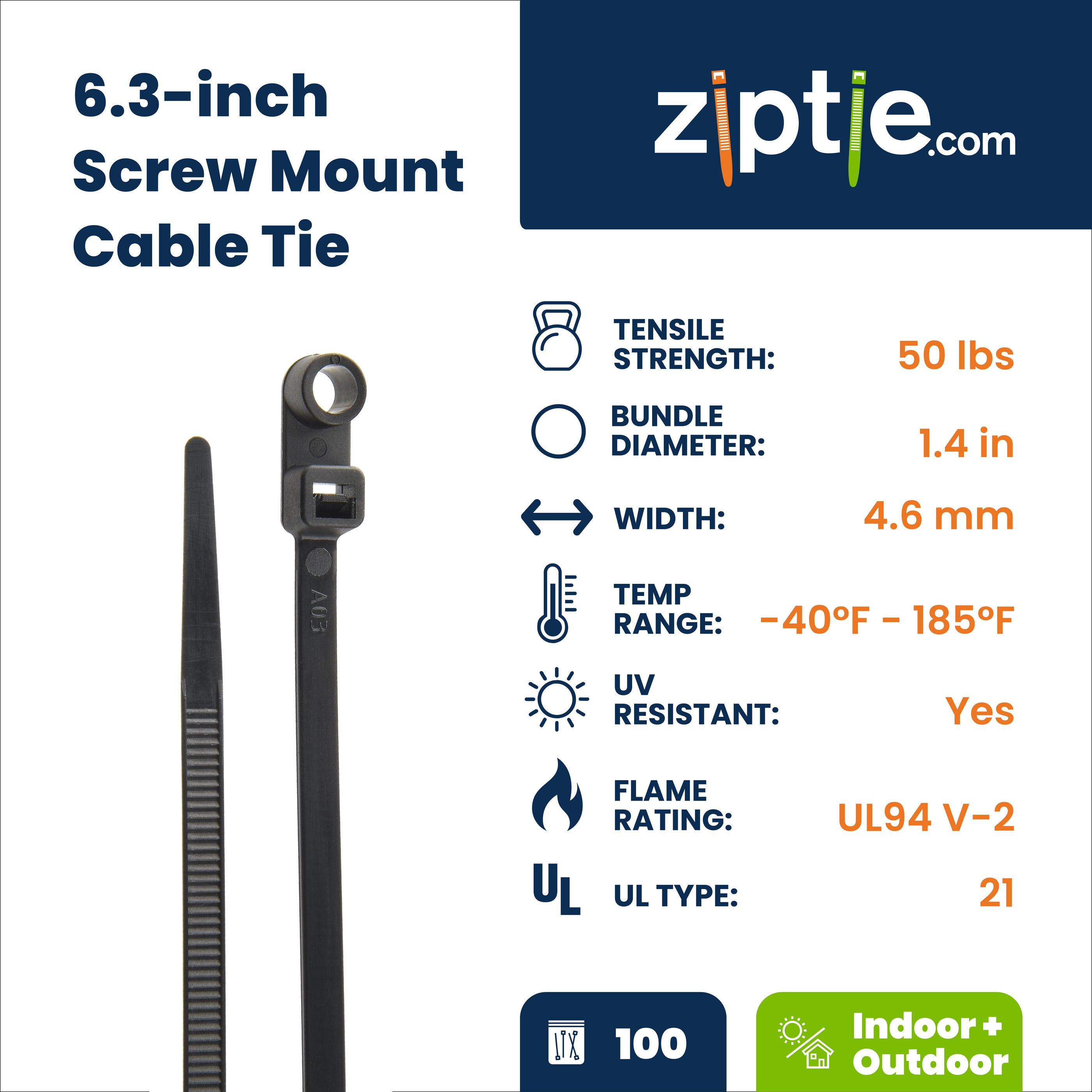 6.3-inch UV Resistant Black Screw Mount Zip Tie, 50-lb Tensile Strength, UL 21 Listed, 100-Pack