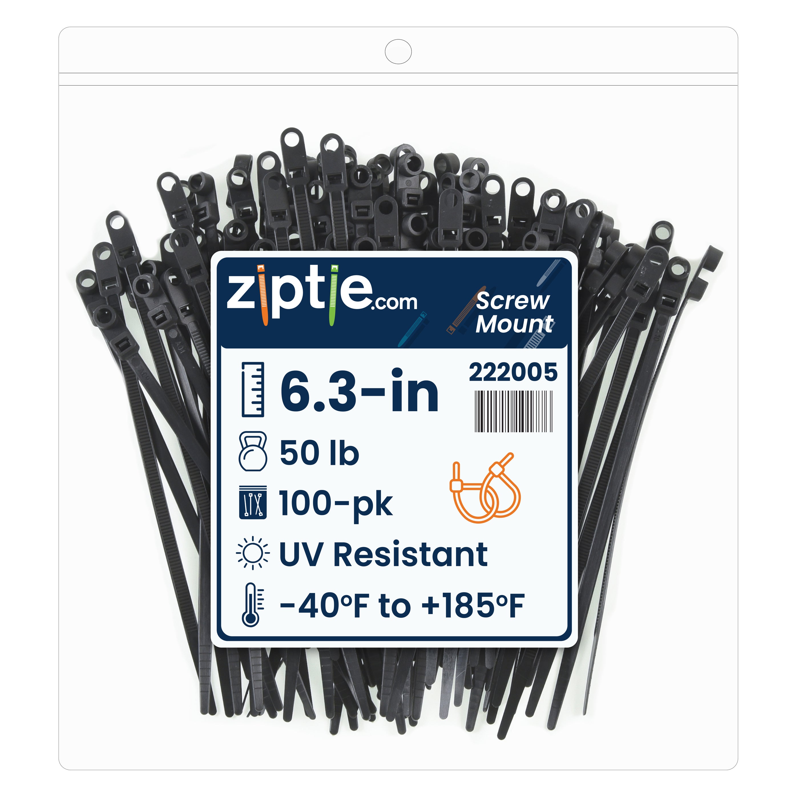 6.3-inch UV Resistant Black Screw Mount Zip Tie, 50-lb Tensile Strength, UL 21 Listed, 100-Pack