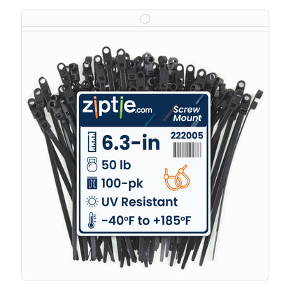 6.3-inch UV Resistant Black Screw Mount Zip Tie, 50-lb Tensile Strength, UL 21 Listed, 100-Pack