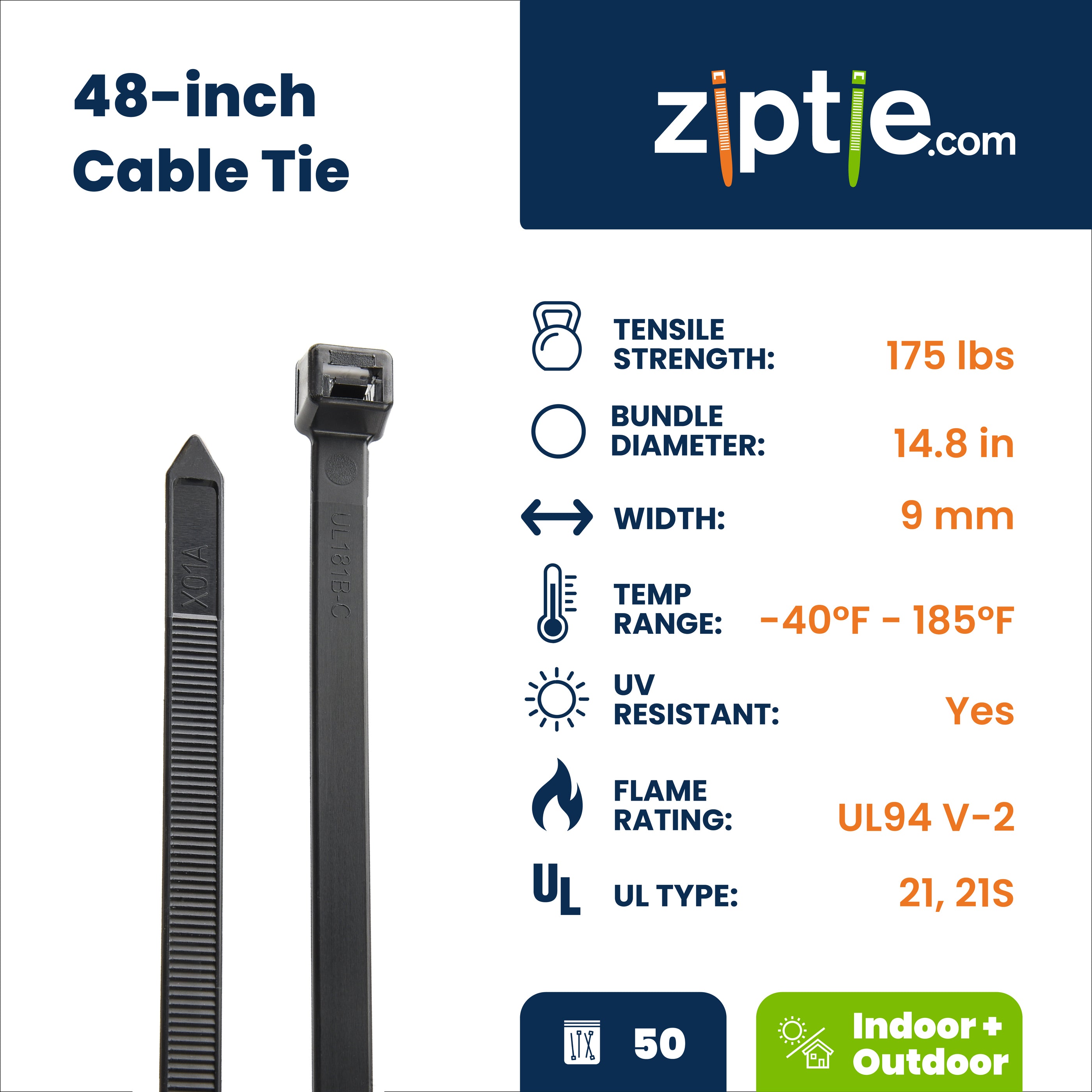 48-inch UV Resistant Black Multi-Purpose Zip Tie, 175-lb Tensile Strength, UL 21S Listed, 50-Pack