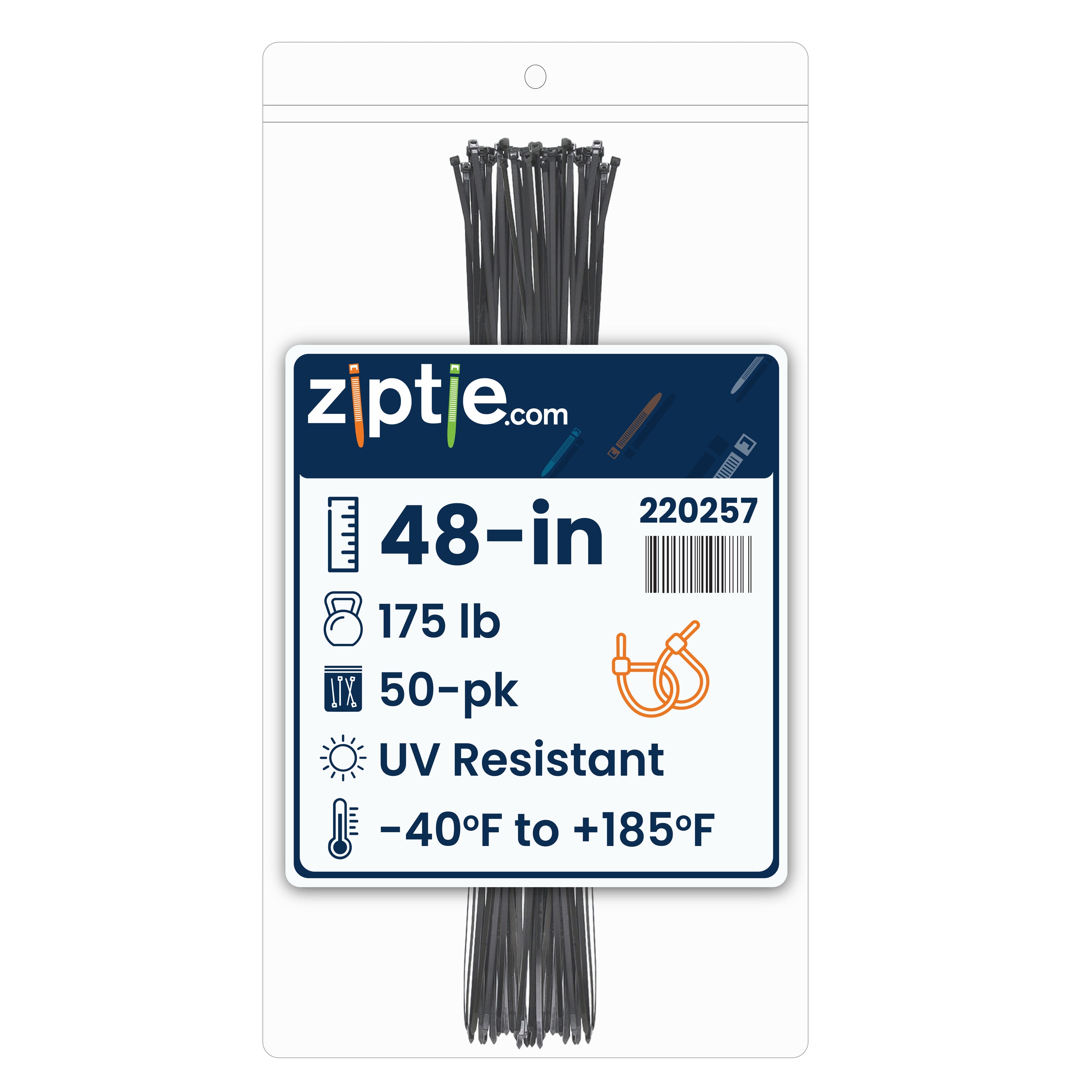 48-inch UV Resistant Black Multi-Purpose Zip Tie, 175-lb Tensile Strength, UL 21S Listed, 50-Pack