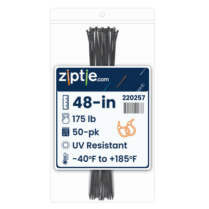 48-inch UV Resistant Black Multi-Purpose Zip Tie, 175-lb Tensile Strength, UL 21S Listed, 50-Pack